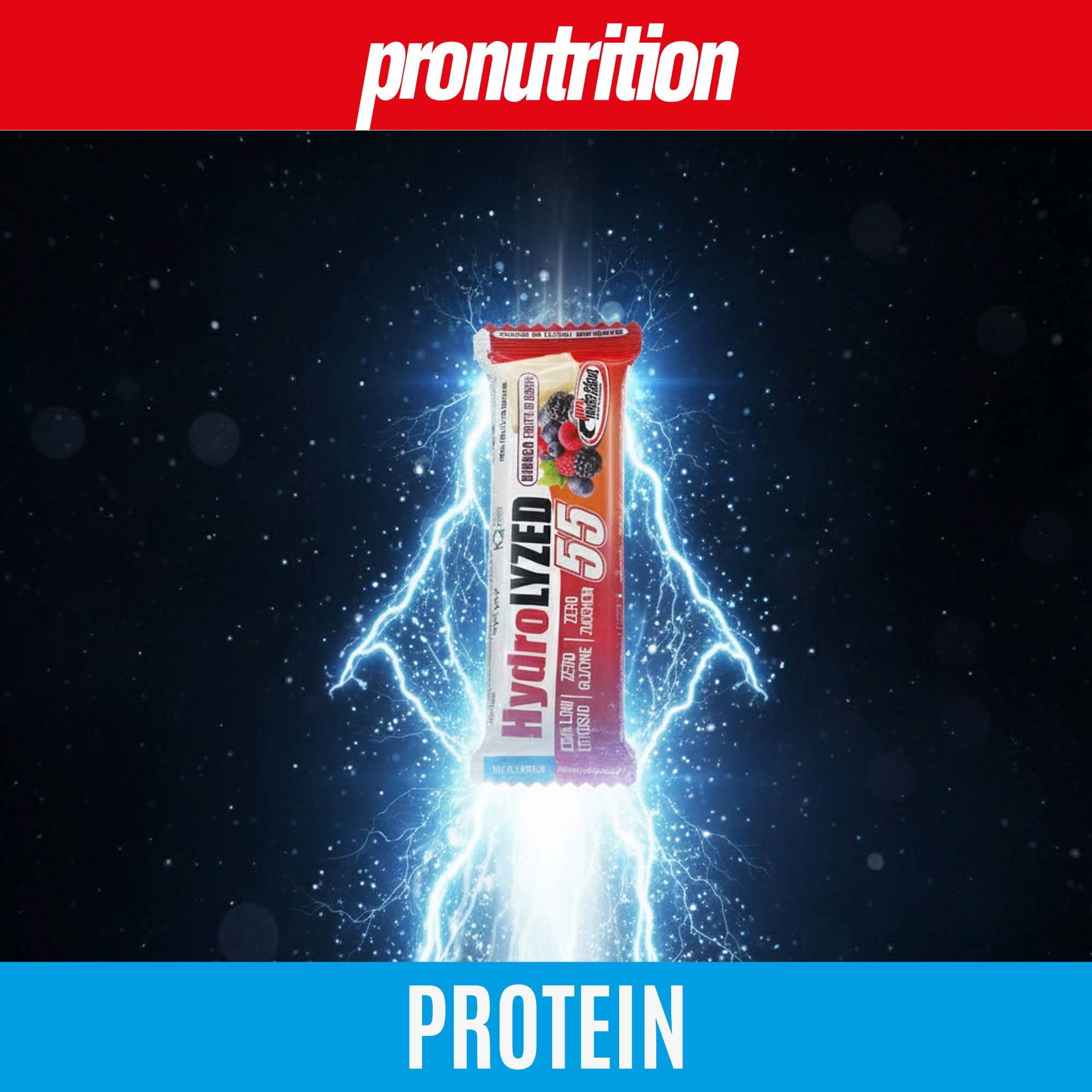 Barretta proteica HydroLYZED, pronutrition, gusto frutti di bosco. Scritta: Zero zuccheri, senza glutine e lattosio. Sfondo: fulmini.