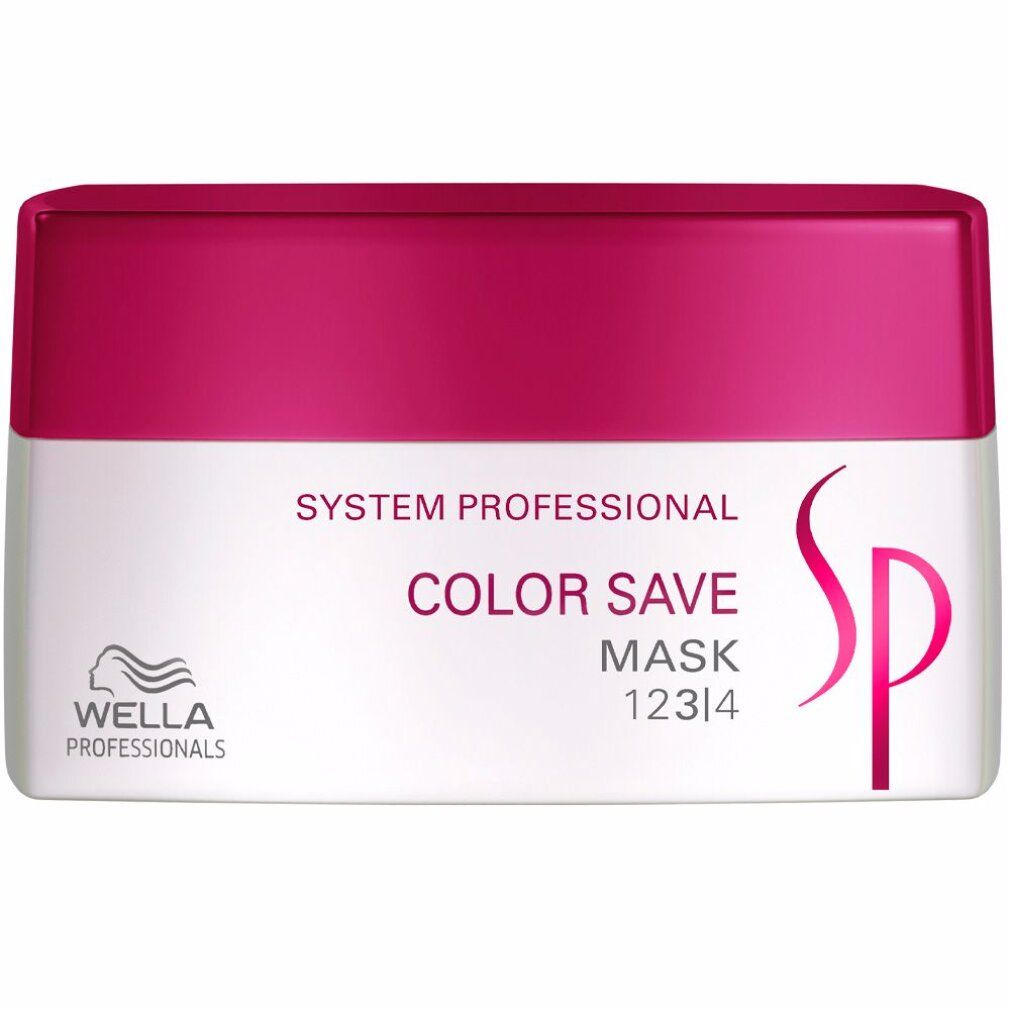 Barattolo bianco e viola. Scritta: Color Save Mask. System Professional. Logo Wella. Logo SP. Testo in inglese, francese, tedesco e italiano.