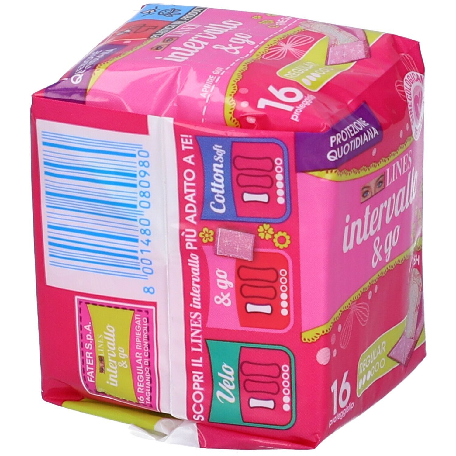 Vista laterale di una confezione da 16 proteggislip Lines Intervallo & Go. Mostra diverse varianti come Cotton Soft e Velo.