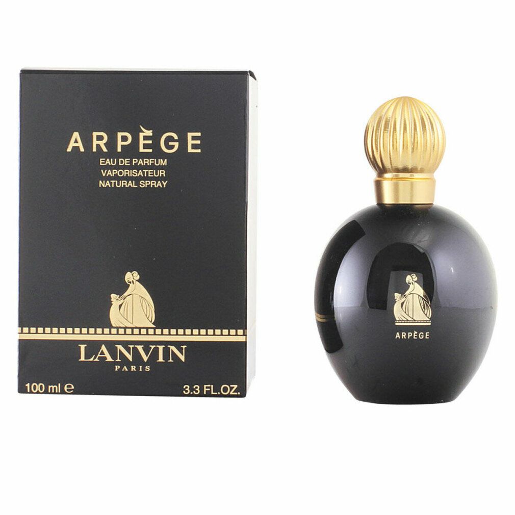 Flacone e scatola neri di Arpège Eau de Parfum Spray. Scritta e decorazioni dorate. 3.3 FL.OZ.