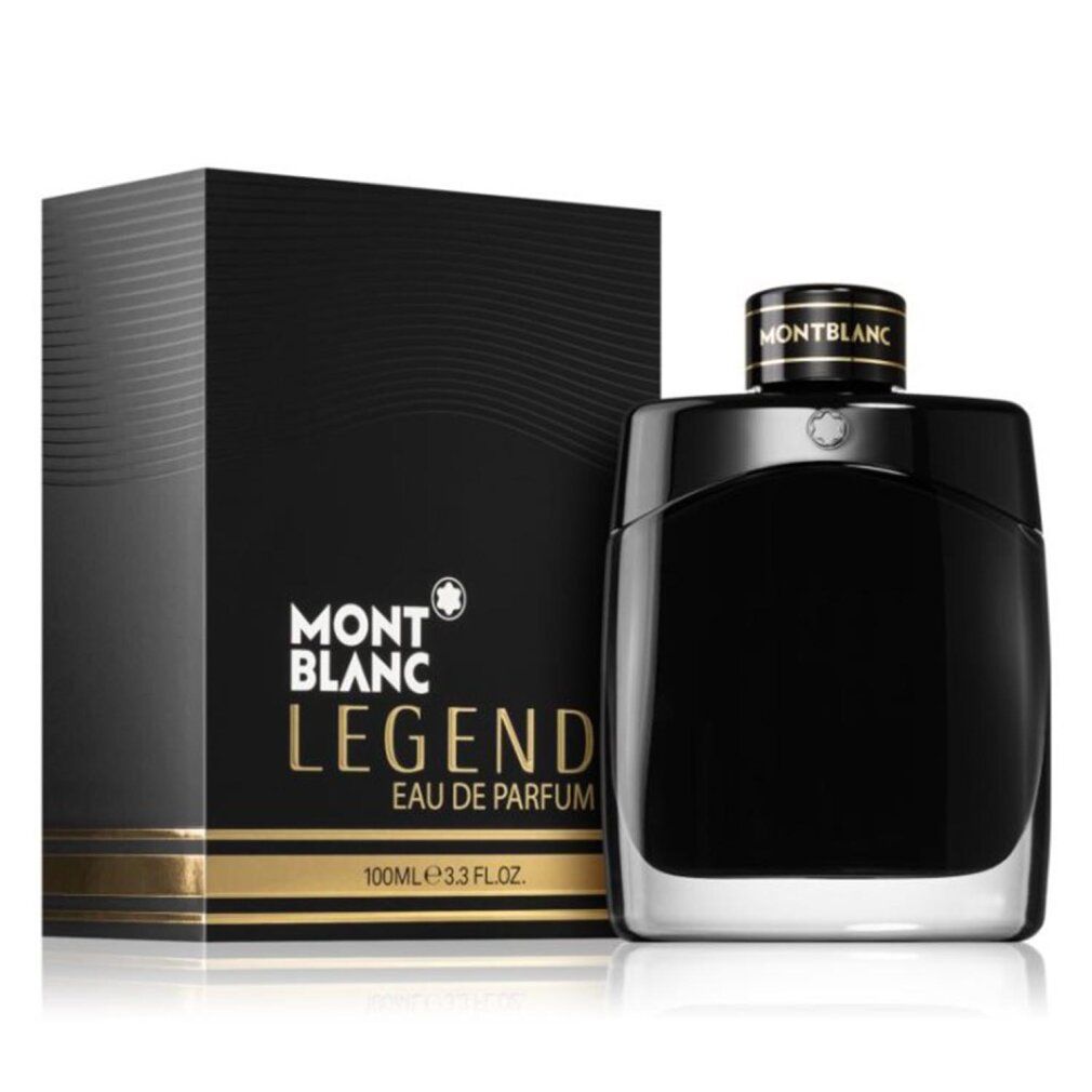 Flacone e confezione neri. Marchio MONTBLANC. Scritta LEGEND EAU DE PARFUM. Scritta dorata.