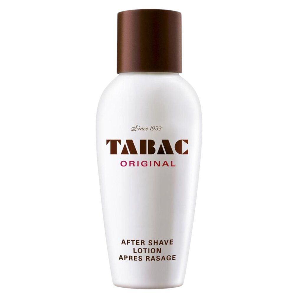 Flacone bianco con tappo marrone. Scritta: TABAC ORIGINAL, After Shave Lotion. Flacone in posizione verticale.