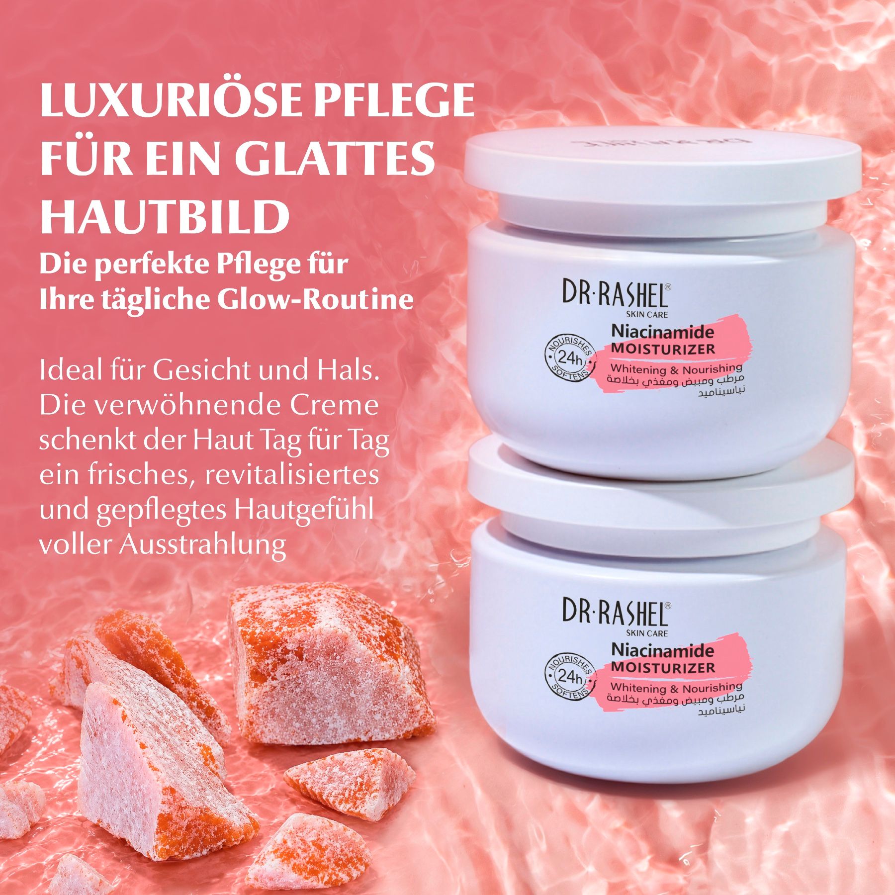 Due barattoli bianchi di DR. RASHEL Niacinamide Moisturizer. Uno è impilato sull'altro.