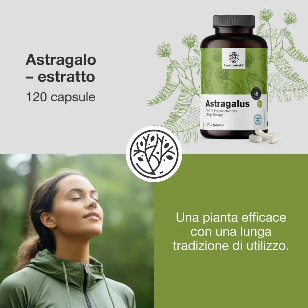 Bottiglia di estratto di Astragalo, accanto a una donna con gli occhi chiusi e una pianta.