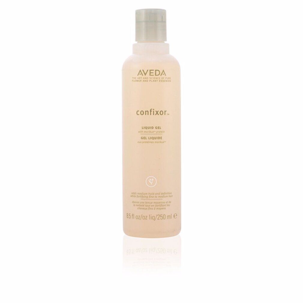 Flacone Aveda Confixor Gel Liquido. Liquido beige, tappo grigio. Scritte: Confixor, Liquid Gel, Gel Liquide.