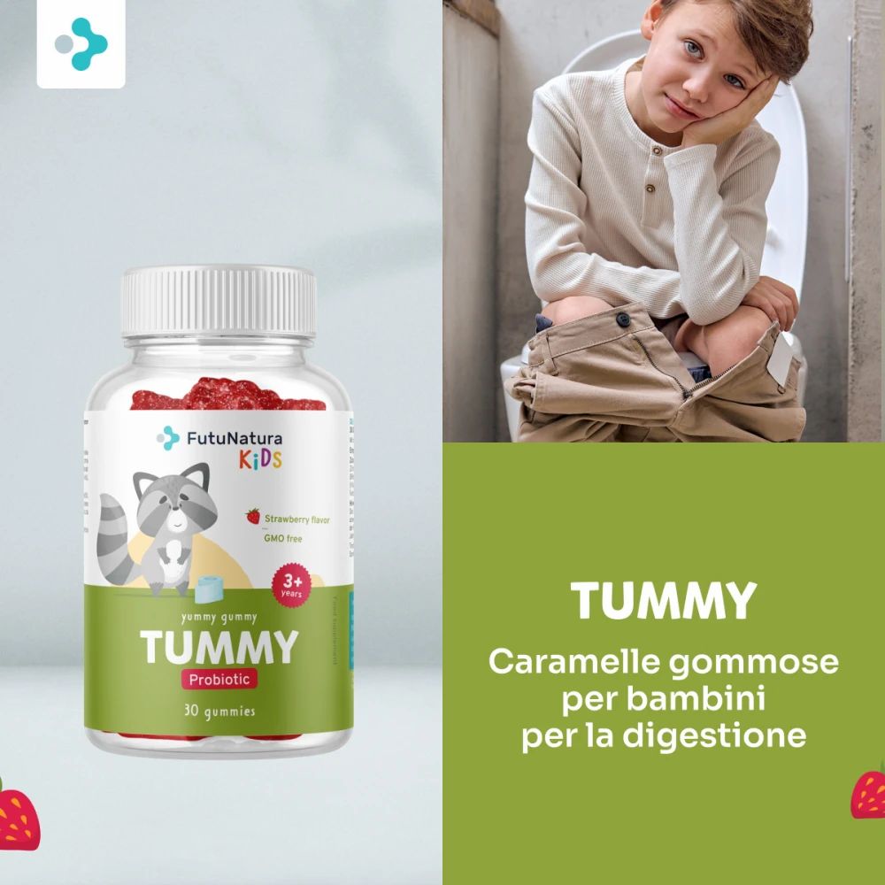 Flacone di gommose FutuNatura Tummy. Bambino seduto sul water. Per la digestione.
