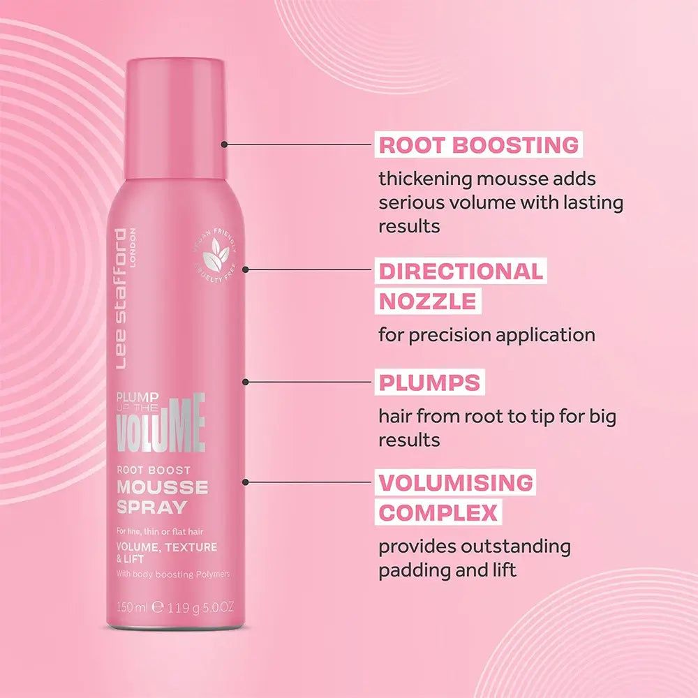 Flacone spray rosa con nome e logo del prodotto. Annotazioni testuali evidenziano le caratteristiche: Root Boosting, Directional Nozzle, Plumps, Volumising Complex.