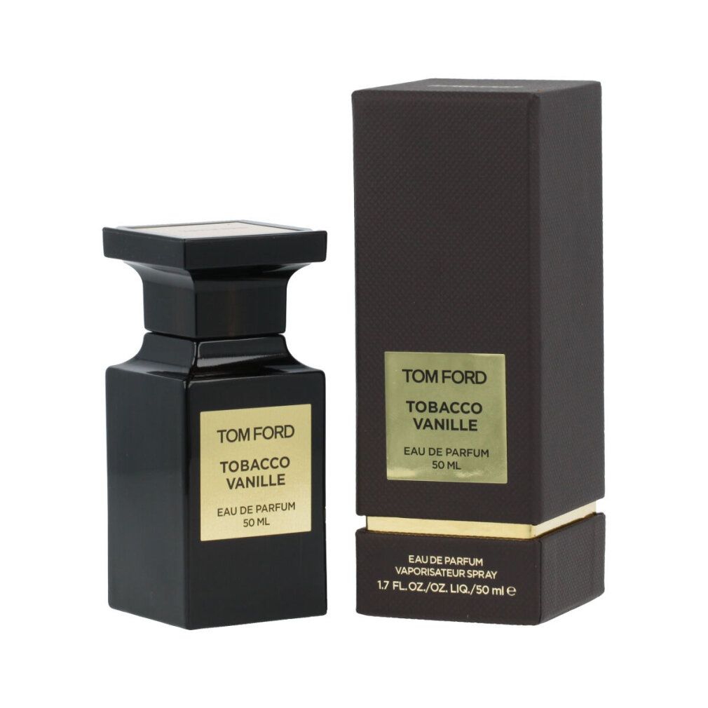 Flacone e confezione marrone scuro. Scritta: Tom Ford Tobacco Vanille Eau de Parfum 50 ml. Tappo nero.
