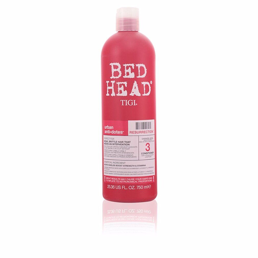 Flacone rosso con tappo bianco. Scritta BED HEAD TIGI. Etichetta con informazioni e numero 3.