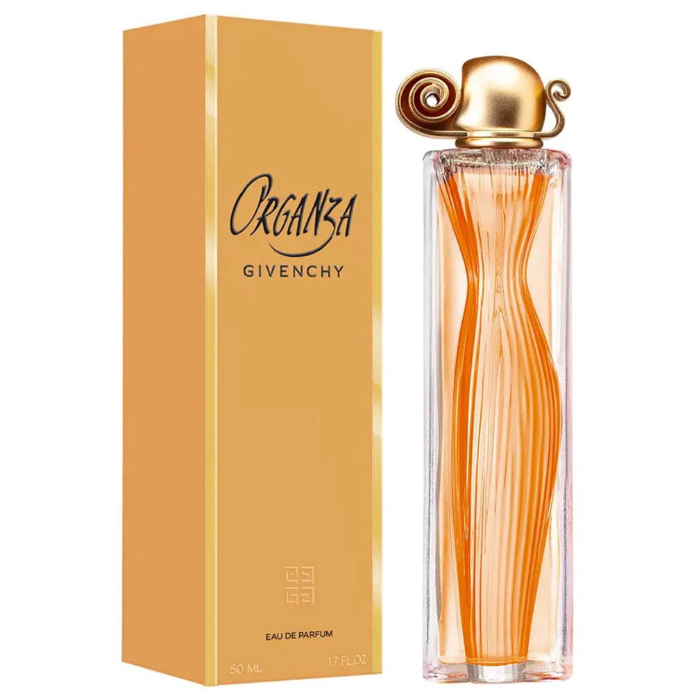 Flacone e confezione Organza Eau de Parfum. Flacone dorato con tappo dorato. Confezione dorata con scritta.