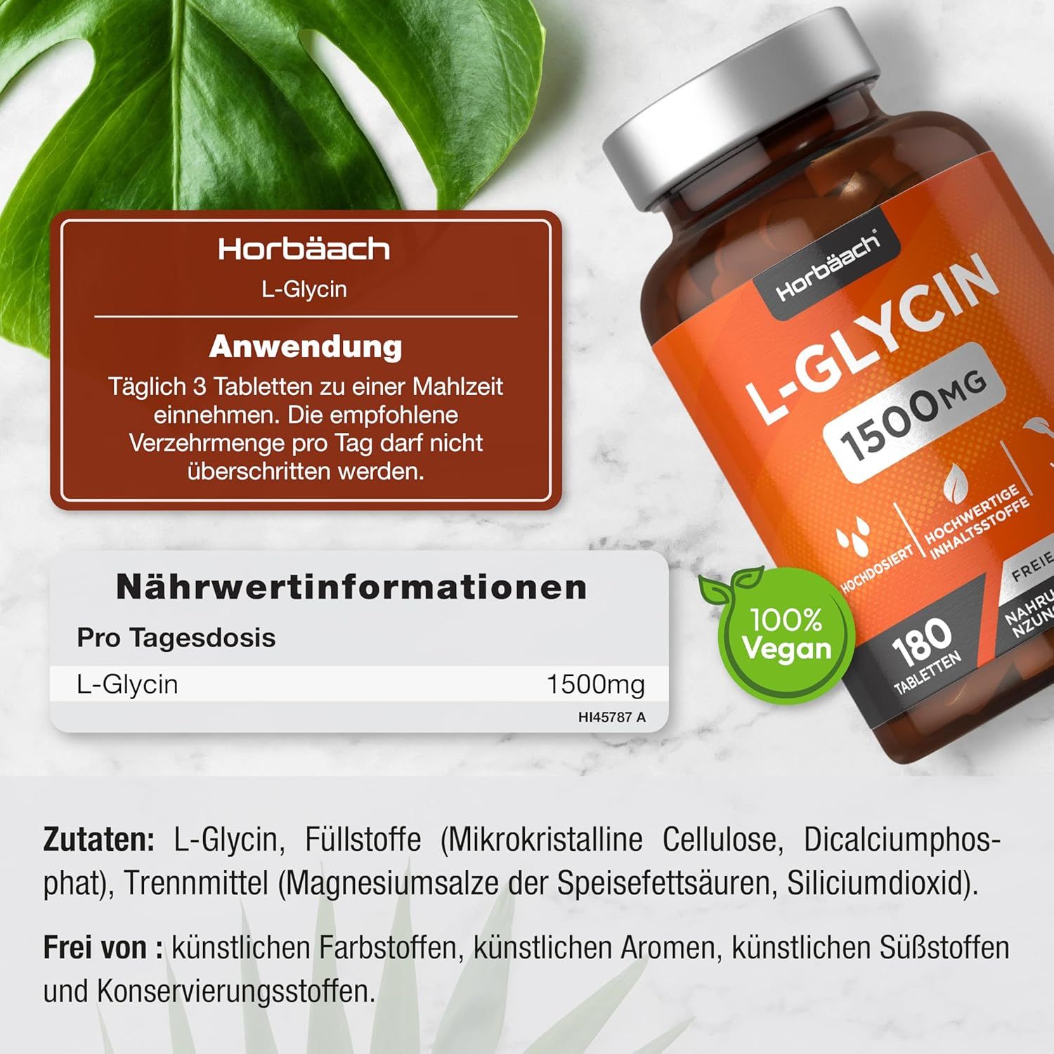 Flacone marrone con etichetta arancione. Contiene 180 compresse di L-Glicina 1500mg. Vegano.
