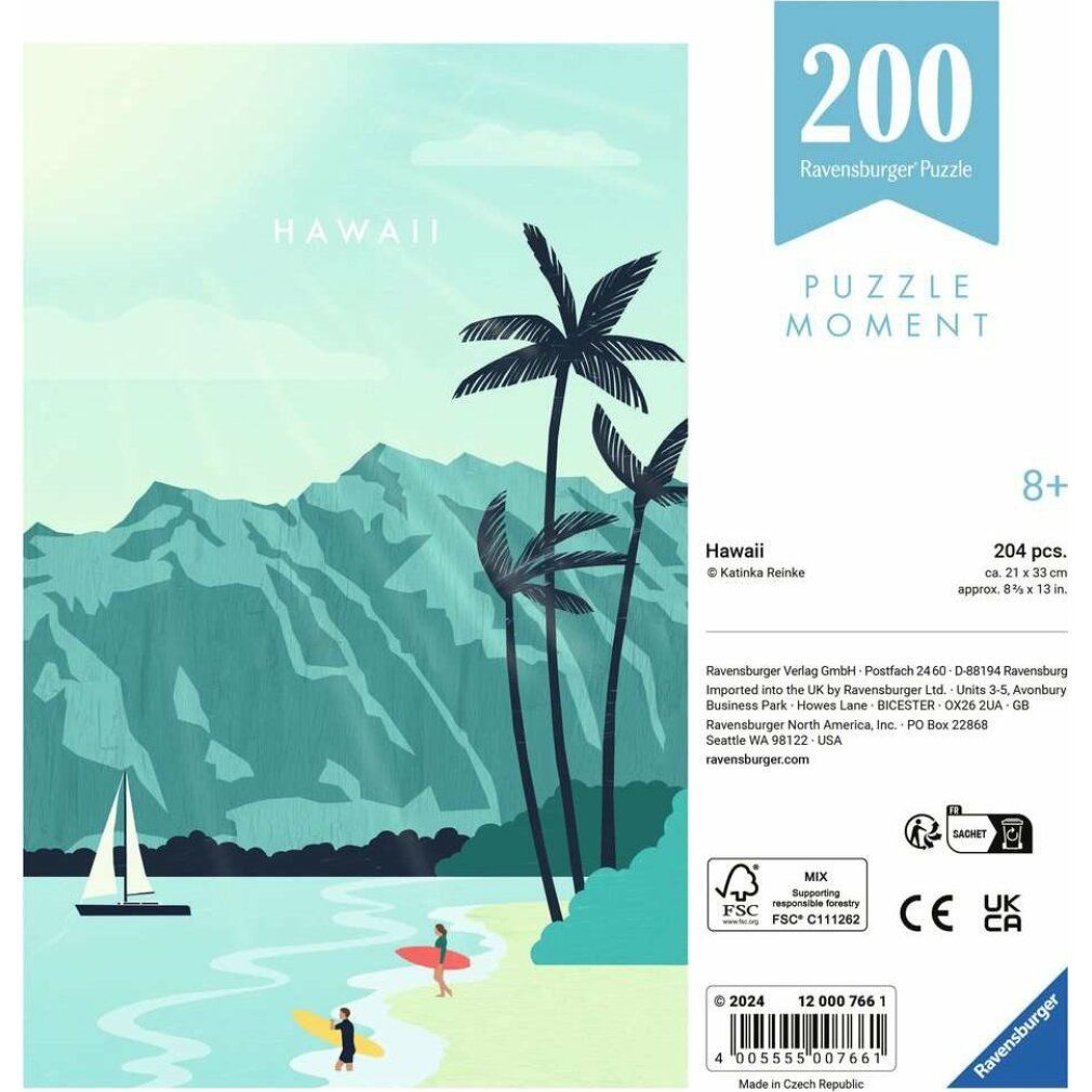 Scatola puzzle con motivo Hawaii. 200 pezzi. Logo Ravensburger. Paesaggio con montagne, palme, barca. Testo e certificazioni.