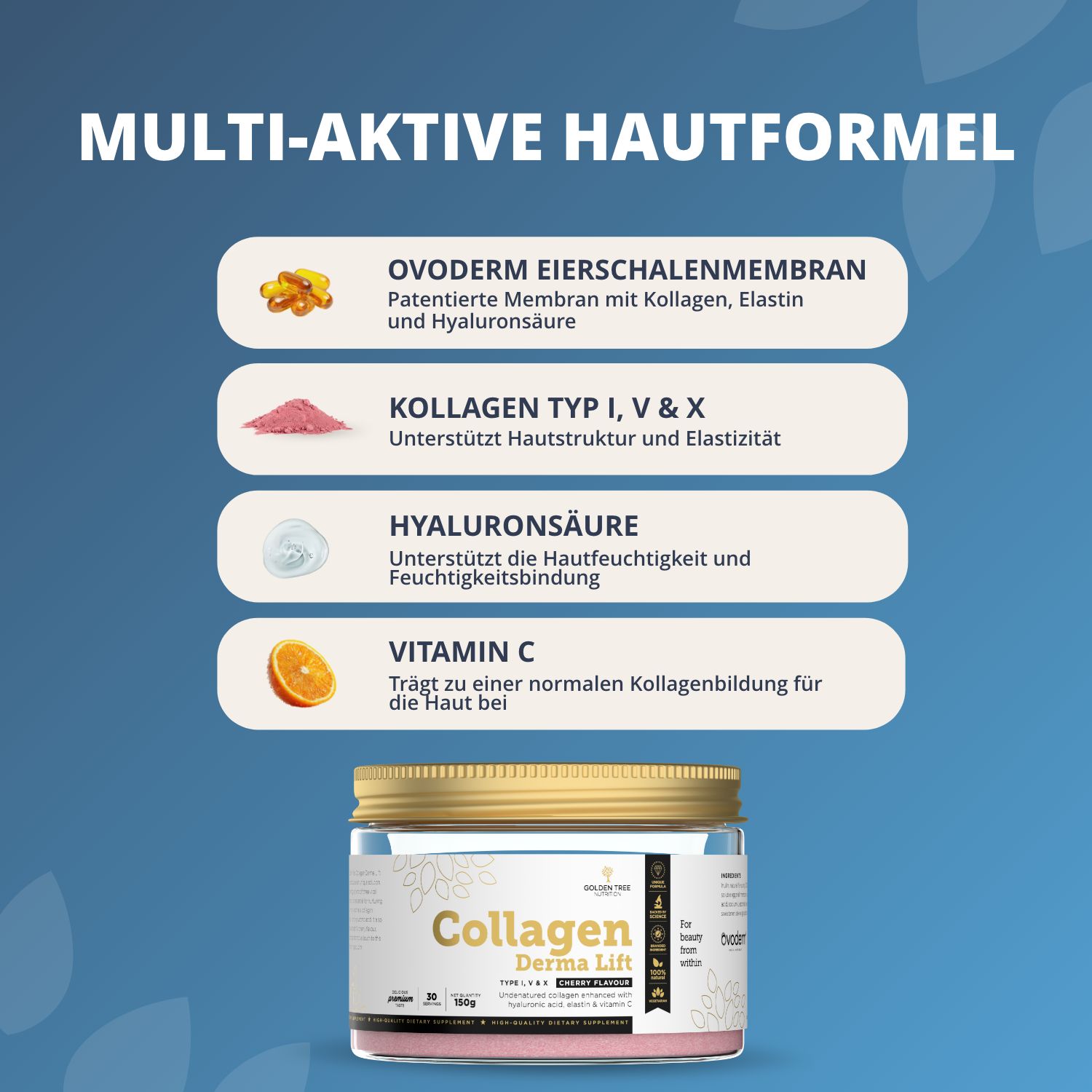 Golden Tree Collagen Derma Lift: Ovoderm, Collagene Tipo I, V & X, Acido Ialuronico, Vitamina C.