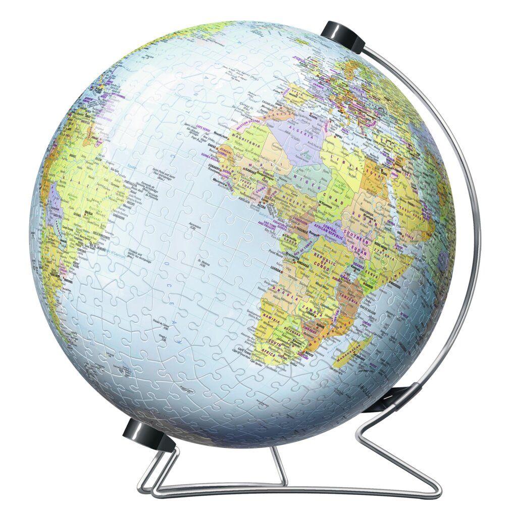 Globo puzzle 3D su supporto. Il globo mostra continenti e paesi. Diametro 21,5 cm.