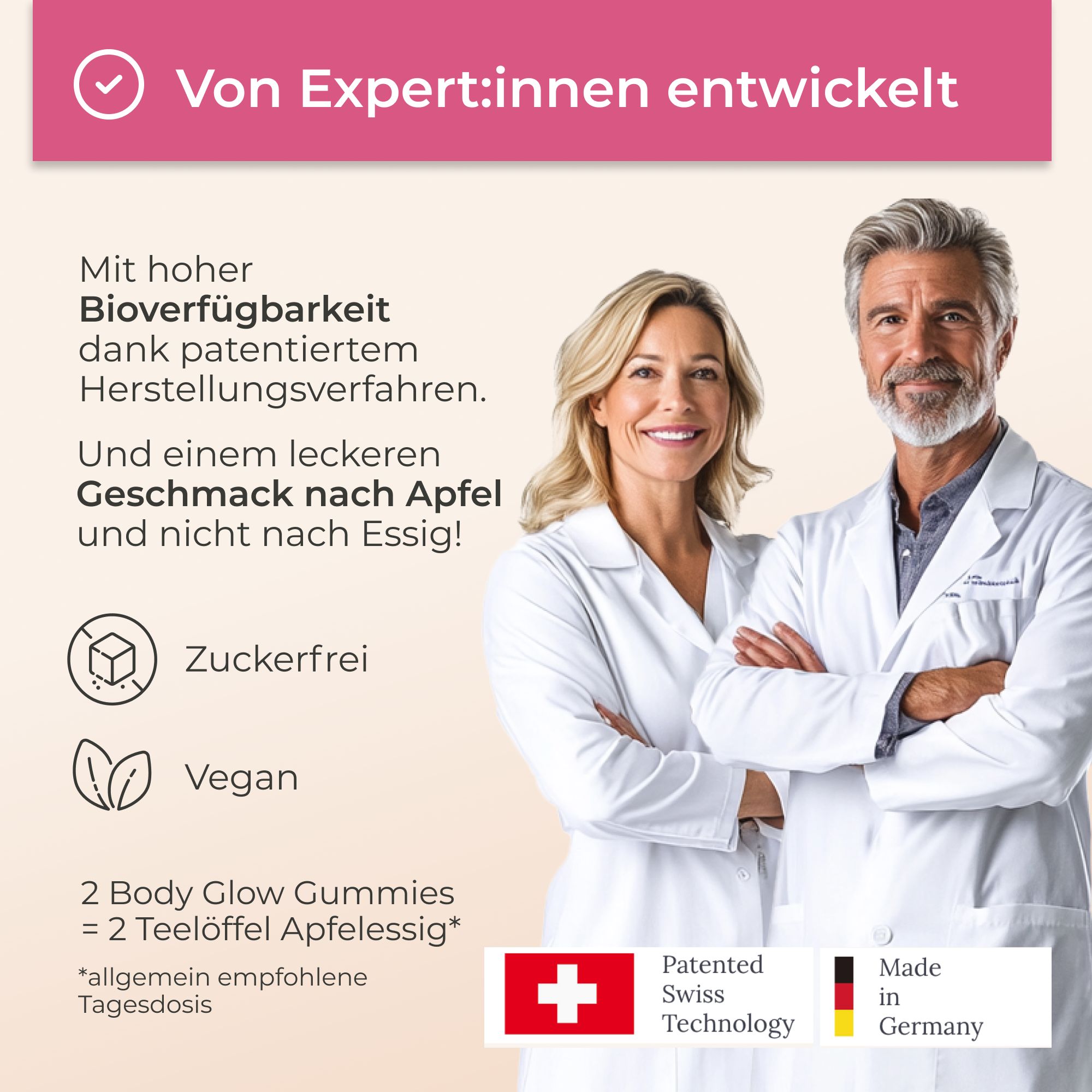 Due persone in camice bianchi. Testo: Sviluppato da esperti, senza zucchero, vegano. Croce svizzera, Made in Germany. 2 Body Glow Gummies = 2 cucchiaini aceto di mele.