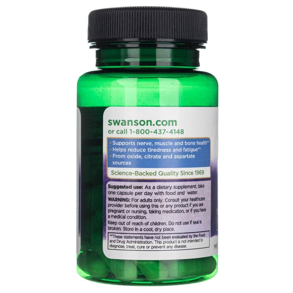 Retro delle capsule Swanson Triple Magnesium Complex. Contiene istruzioni per l'uso e promessa di qualità.