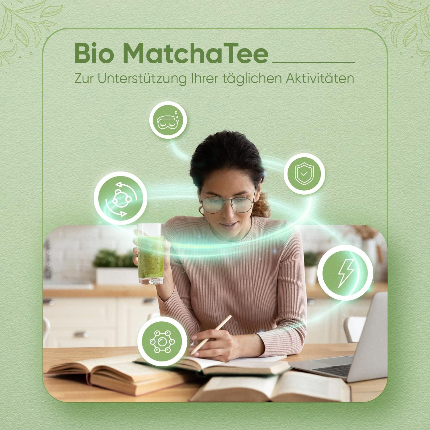 Donna che beve matcha. Testo: Bio Matcha Tee. Grafici: Protezione, energia, antiossidanti, supporto alle attività quotidiane.