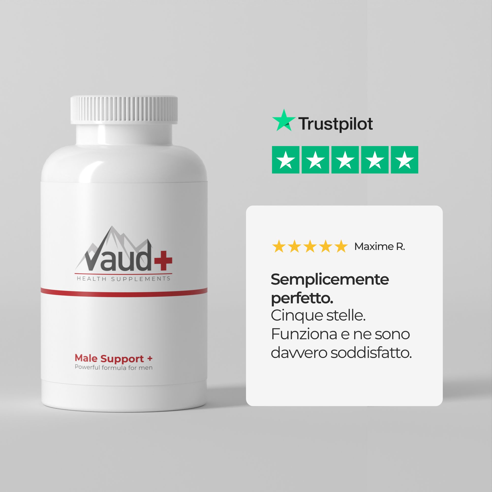 Flacone bianco con logo Vaud+ e scritta Male Support+. Valutazione Trustpilot.