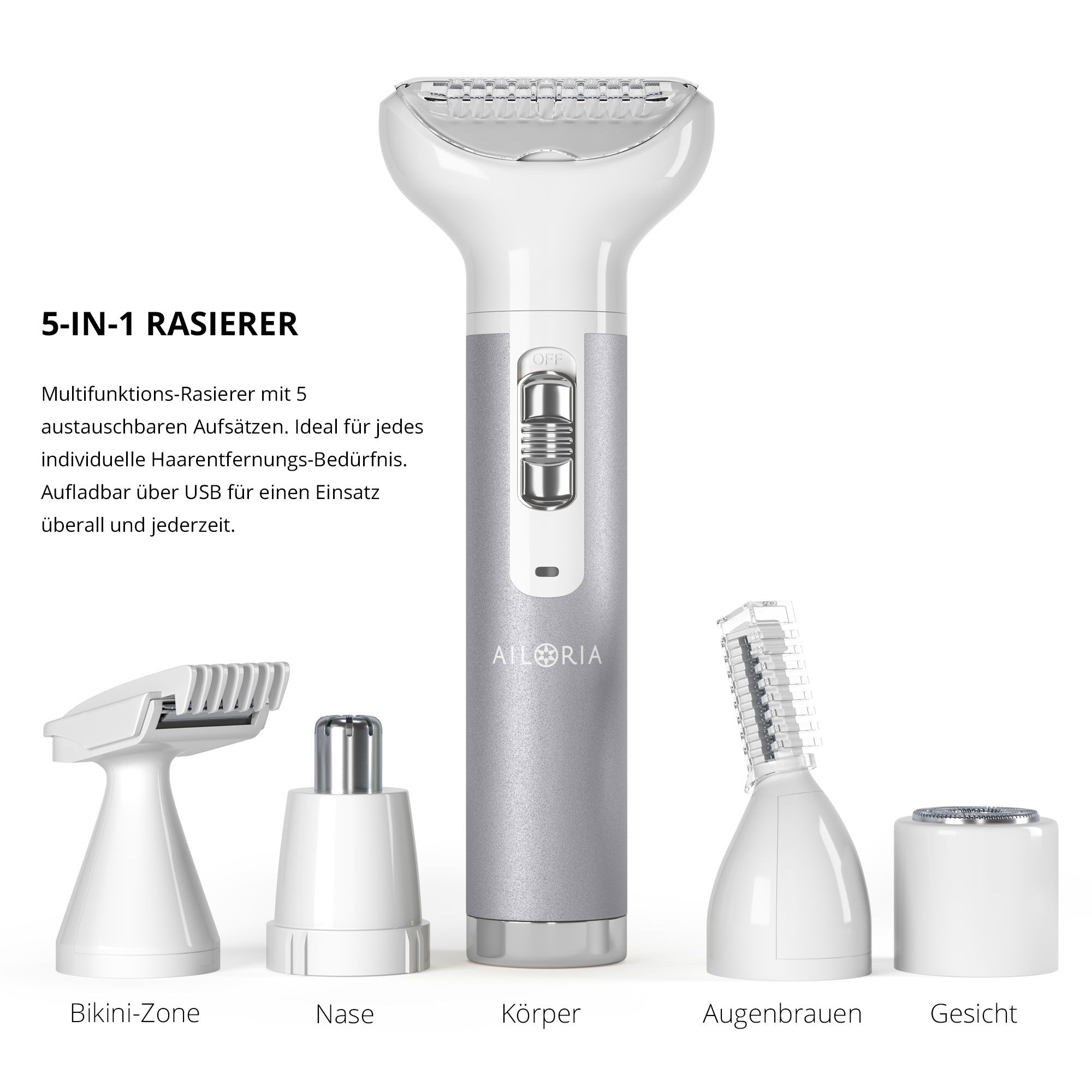 Rasoio argento con 5 accessori. Zona bikini, naso, corpo, sopracciglia, viso.