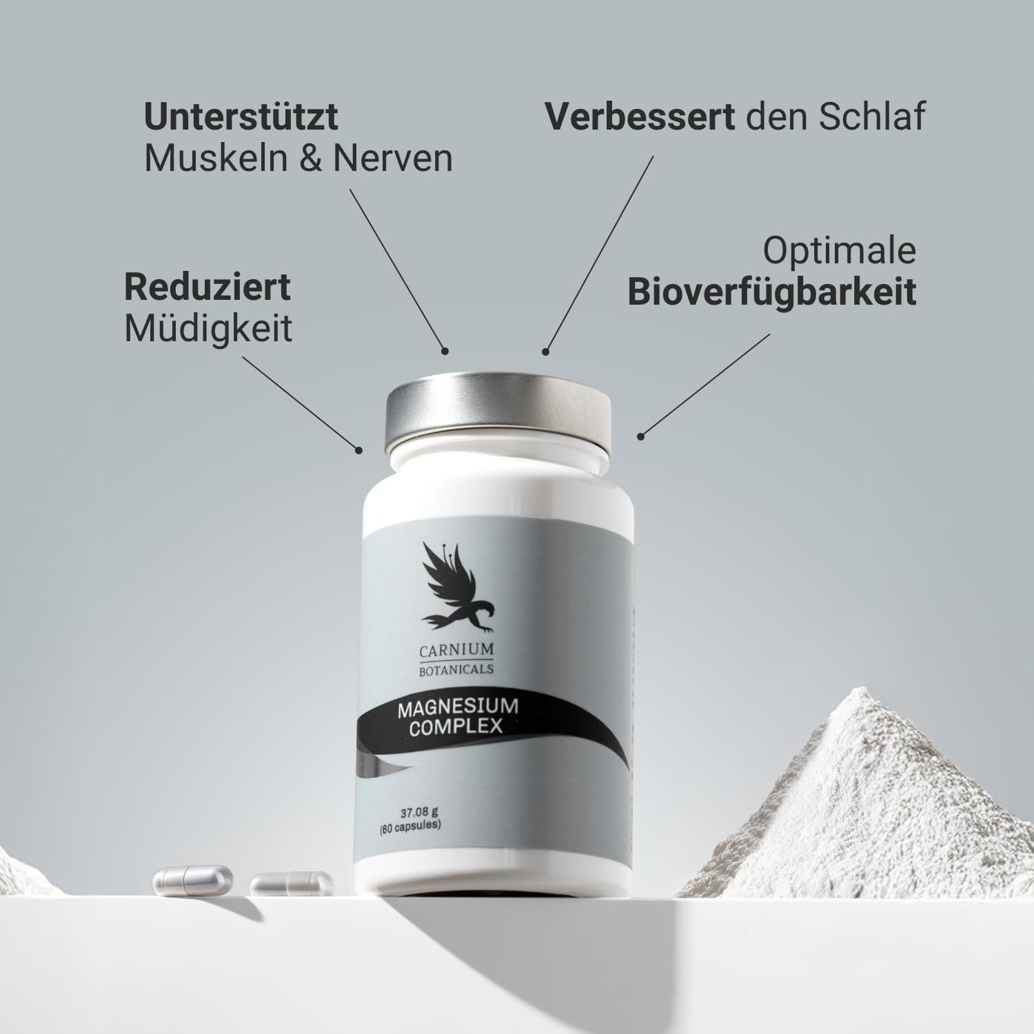 Flacone CARNIUM BOTANICALS Magnesium Complex. Testo: Supporta muscoli e nervi, riduce la fatica, biodisponibilità ottimale.