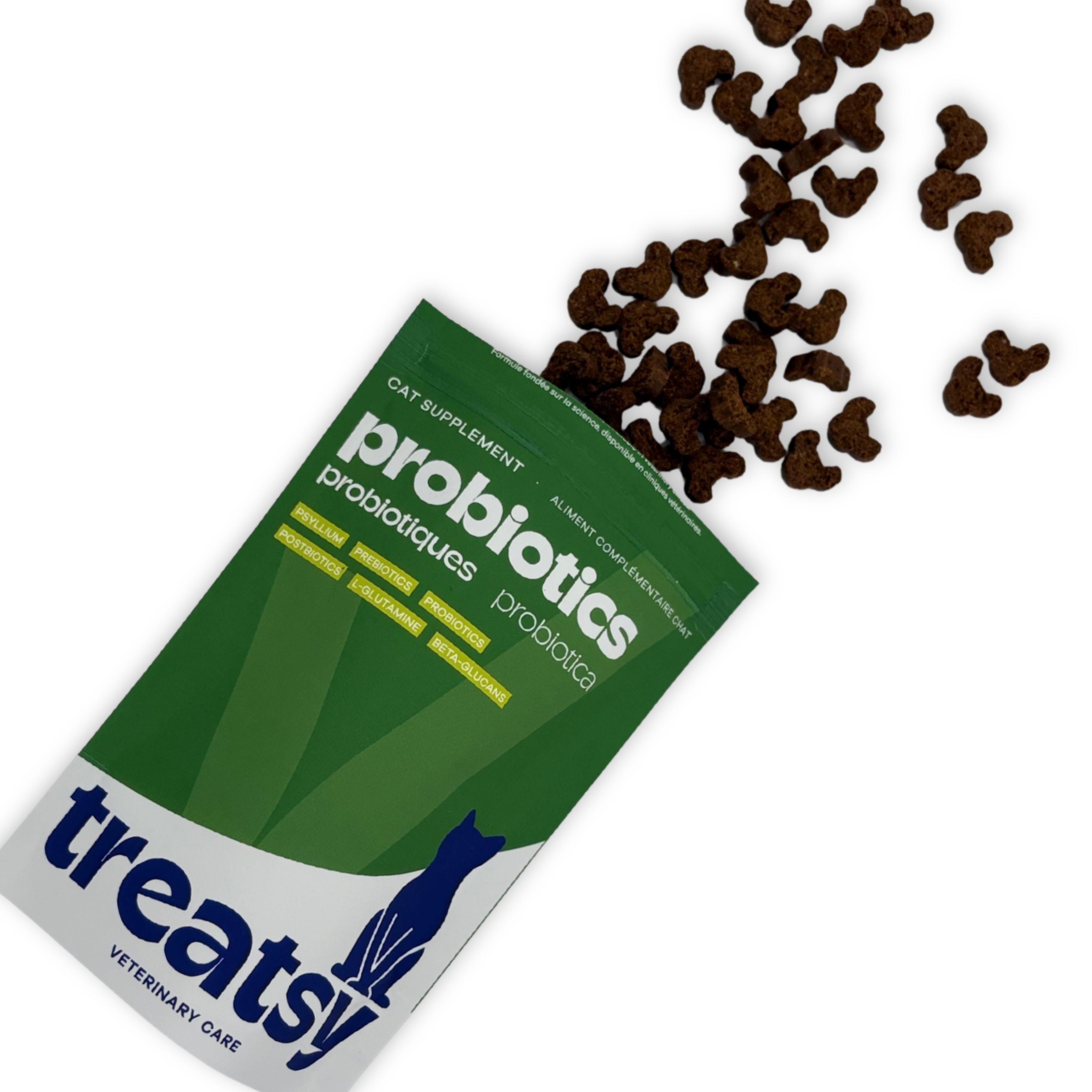 Busta verde con « Probiotics » per gatti. Fuoriescono snack marroni a forma di topo. Testo: Treatsy.