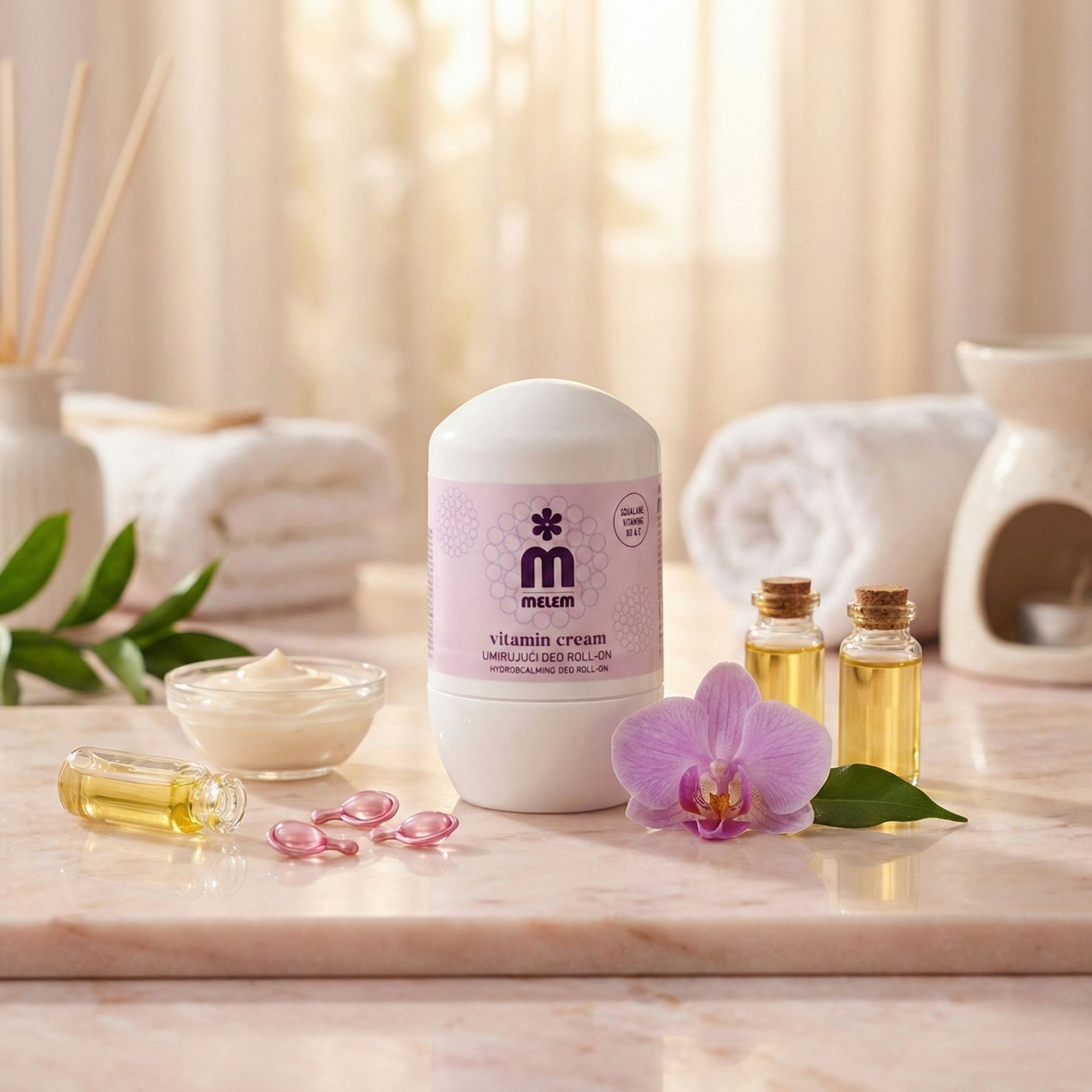 Roll-on bianco con etichetta viola, testo: Vitamin Cream. Accanto: orchidea, oli, capsule, crema in ciotola. Su una lastra di marmo.