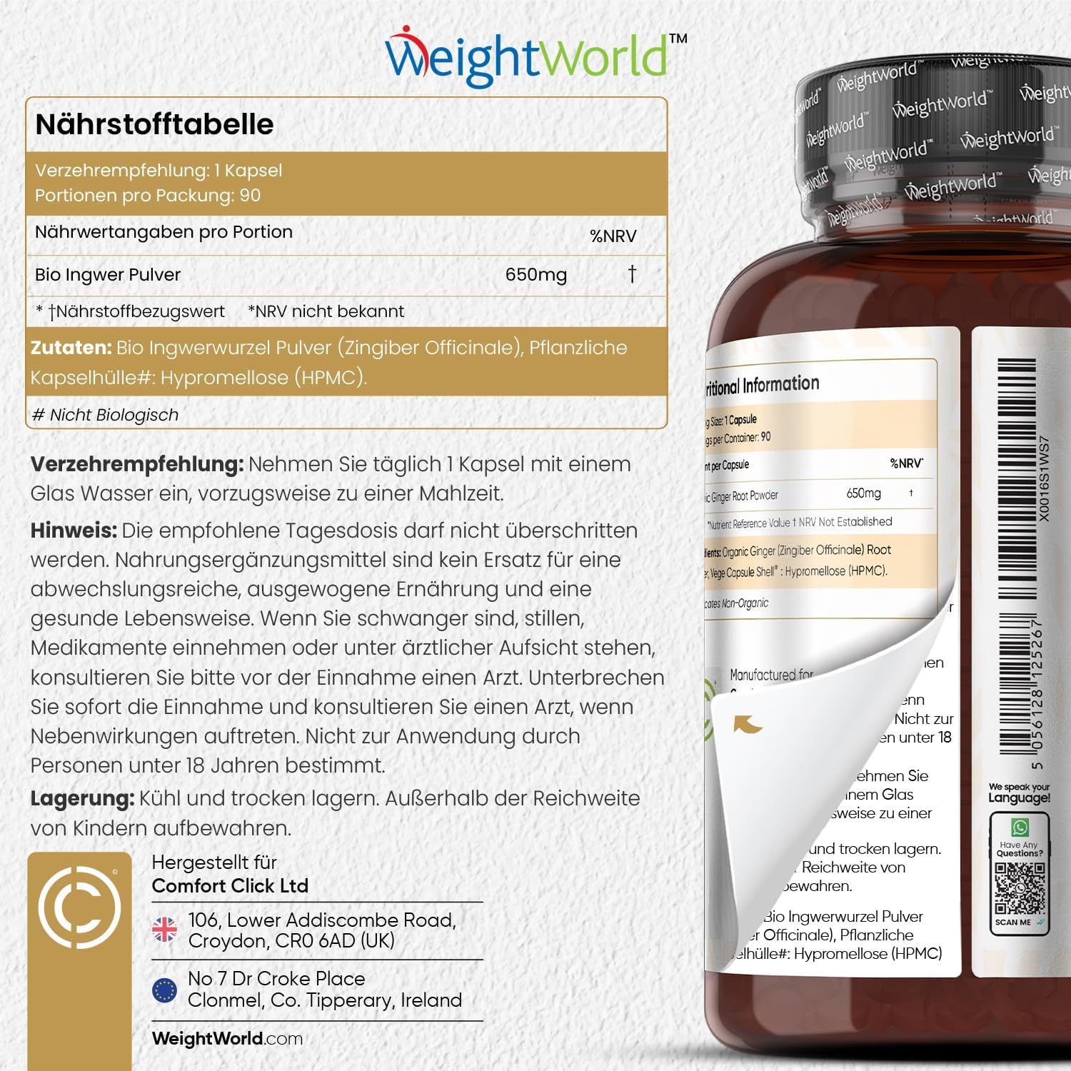 Tabella nutrizionale e flacone di capsule di zenzero. Tabella: 650mg di polvere di zenzero per porzione. Istruzioni per l'uso e la conservazione.