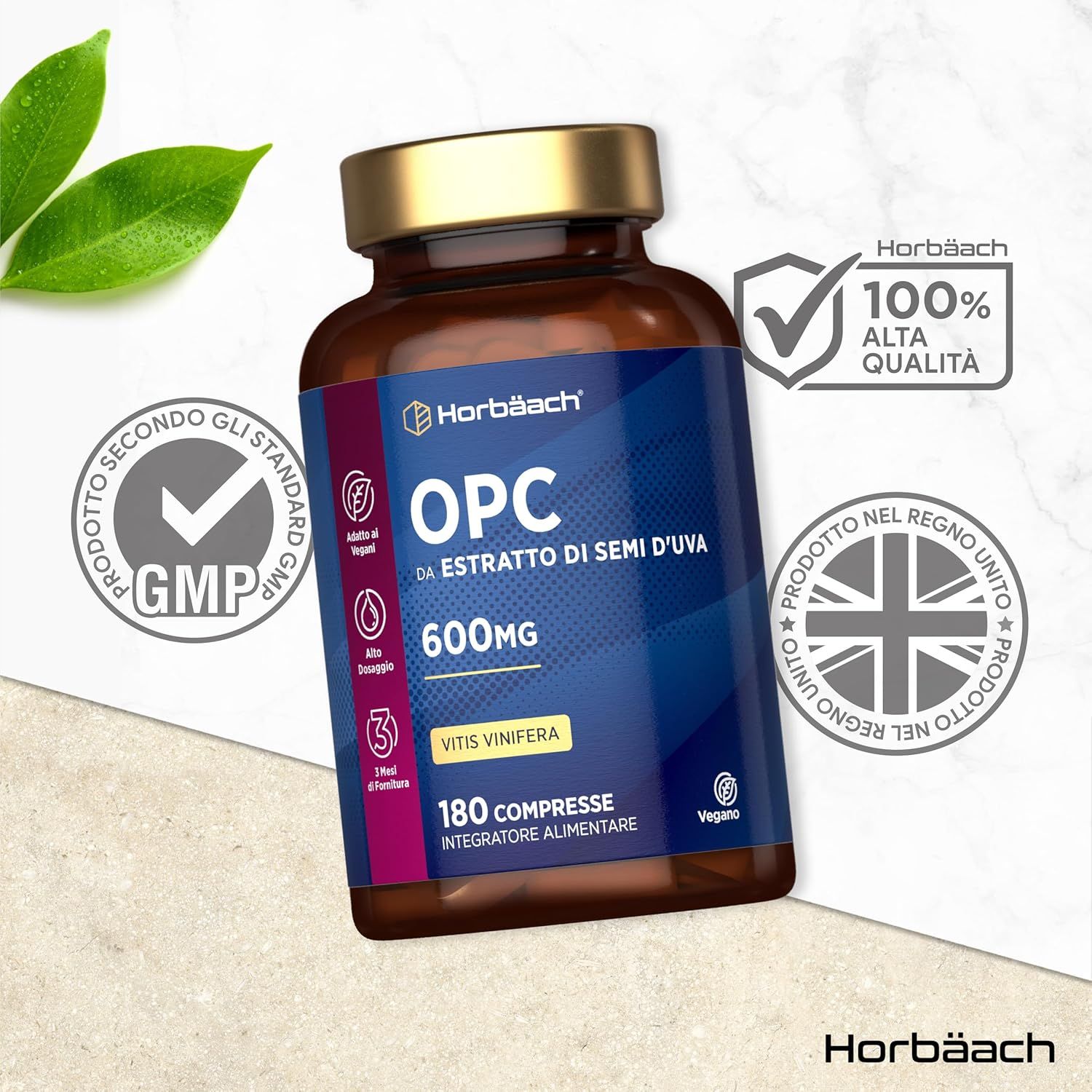 Flacone marrone con etichetta blu. Testo: OPC, 600mg, 180 compresse. Vegano. Horbaach. Sigilli.