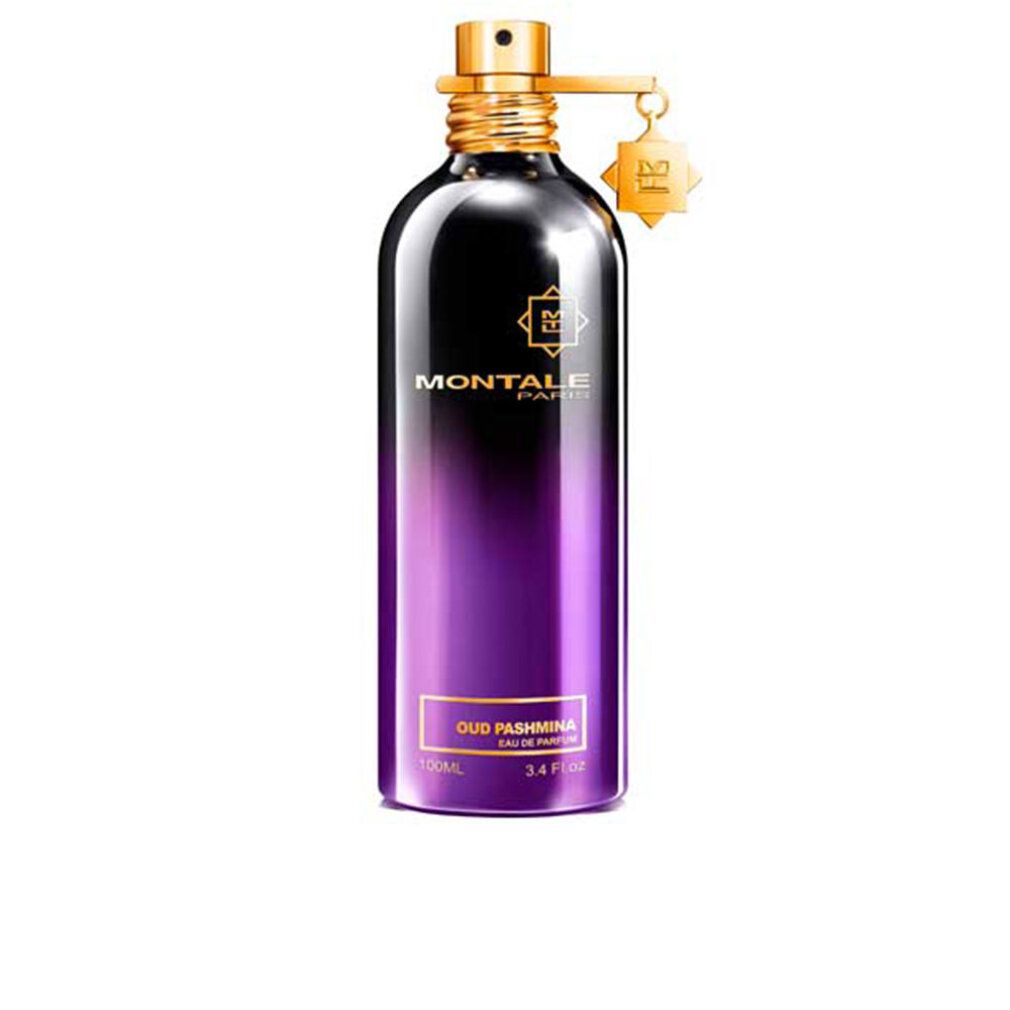 Flacone di profumo con tappo e ciondolo dorati. Sfumatura da nero a viola. Scritta: MONTALE PARIS, OUD PASHMINA.