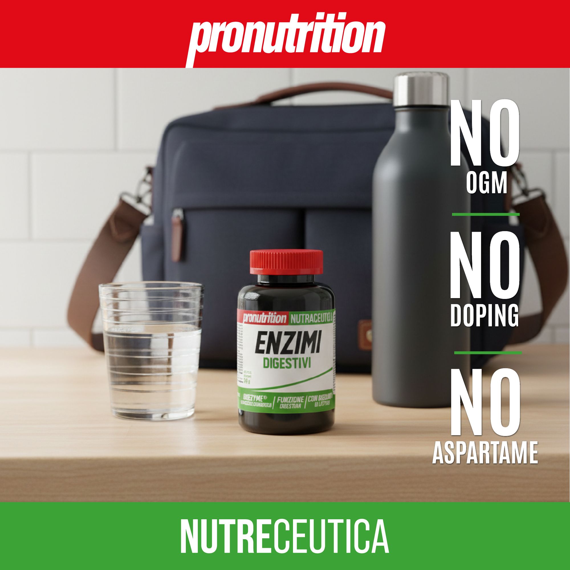 Flacone marrone con tappo rosso. Scritta: Enzimi Digestivi. Accanto, bicchiere d'acqua, borraccia e borsa. Testo: NO OGM, NO DOPING, NO ASPARTAME.