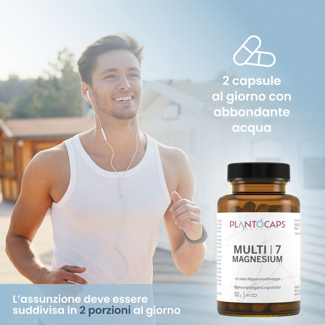Corridore con cuffie, flacone e testo sull'assunzione giornaliera.