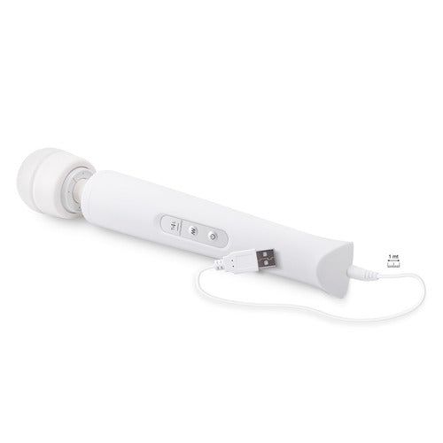 Prodotto benessere bianco, testa arrotondata e manico. Cavo USB collegato. Tre pulsanti.