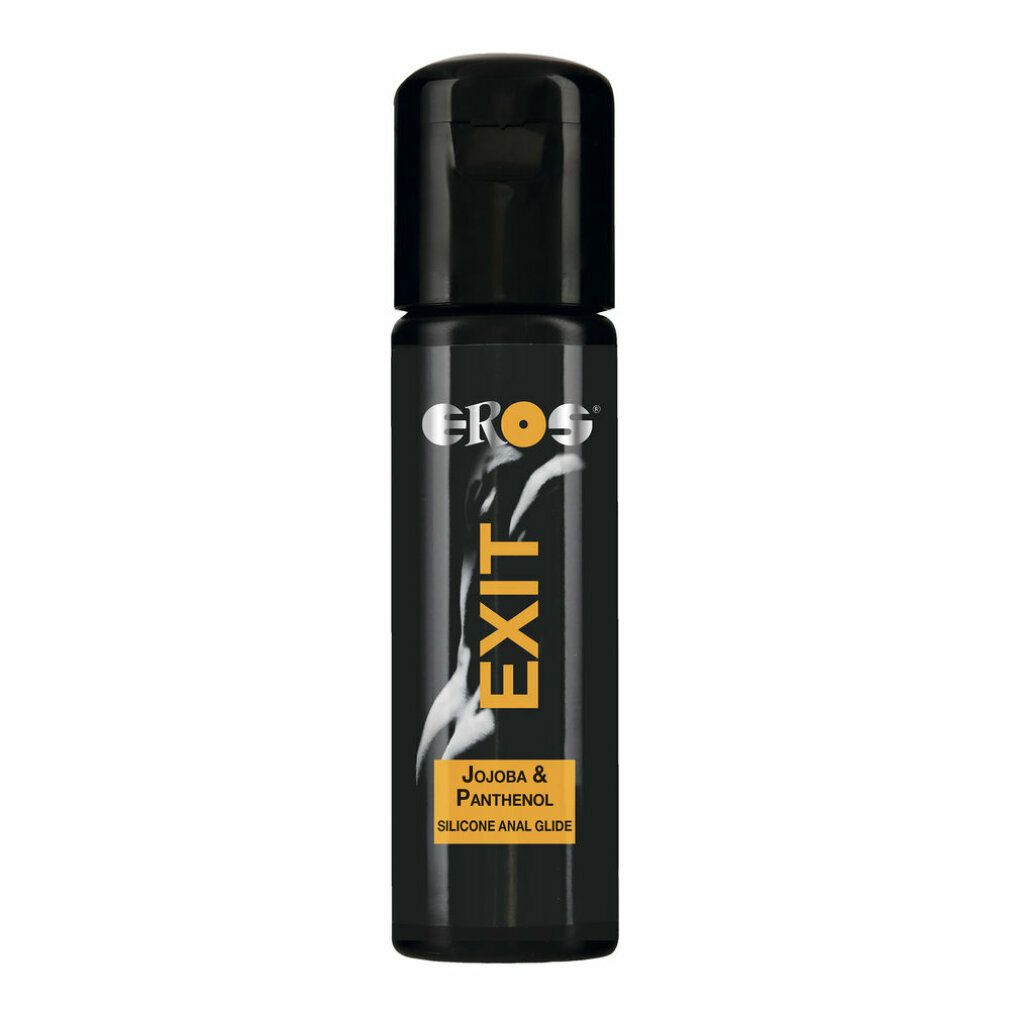 Flacone nero con tappo nero. Scritta: EROS EXIT, Jojoba & Panthenol, SILICONE ANAL GLIDE.