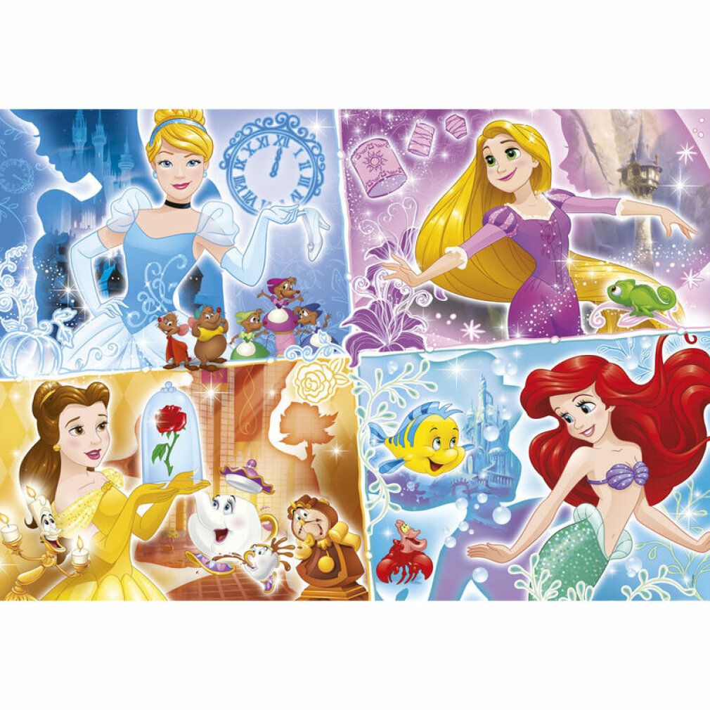 Quattro motivi di puzzle con personaggi Disney Princess. Cenerentola, Rapunzel, Belle e Ariel. 180 pezzi. Puzzle Clementoni.