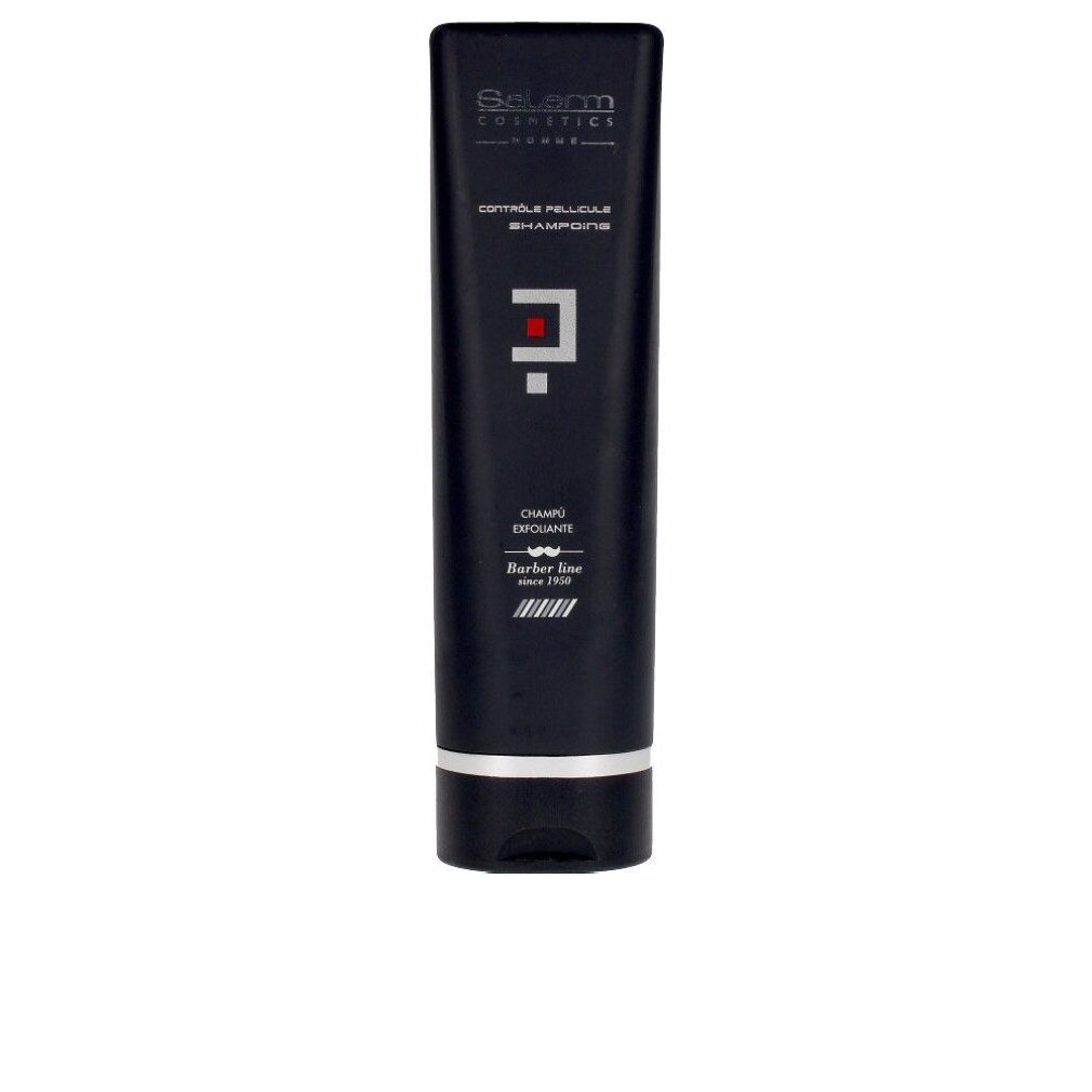 Tubo nero con anello argentato. Testo: Salerm Cosmetics Homme, Controle Shampoo Esfoliante Antiforfora.
