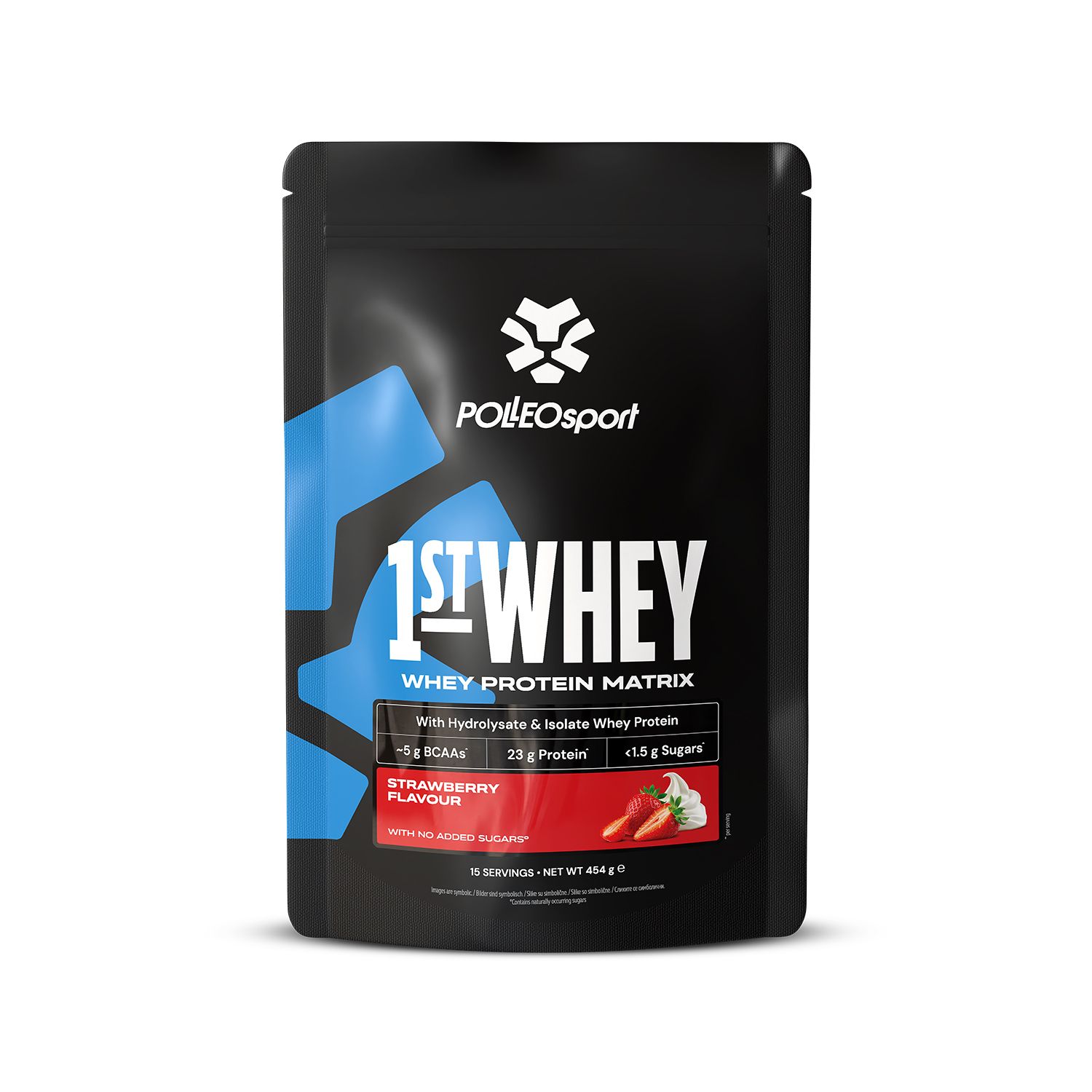 Busta nera "1ST:WHEY" gusto fragola. Marchio PolleoSport. Contiene fragole e panna.