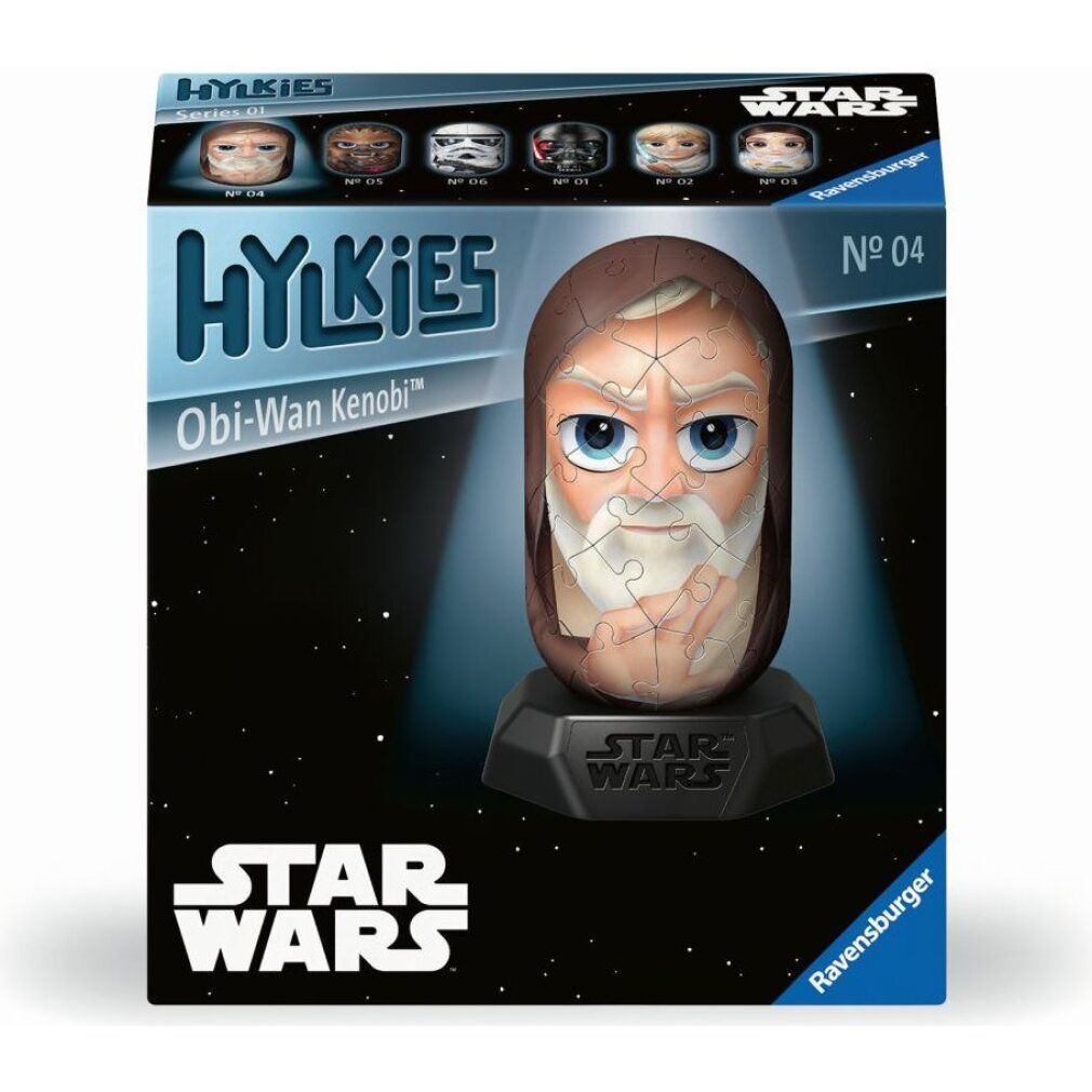 Confezione con puzzle 3D Obi-Wan Kenobi. Scatola Hylkies con logo Star Wars. Puzzle su base. Logo Ravensburger.