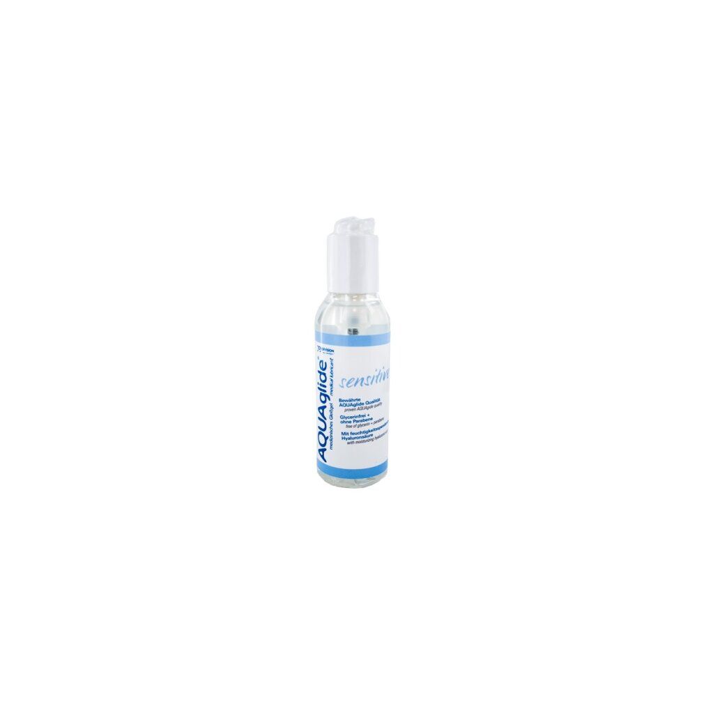 Piccolo flacone trasparente con erogatore bianco. Etichette blu e bianche. Scritta: AQUAglide sensitive.