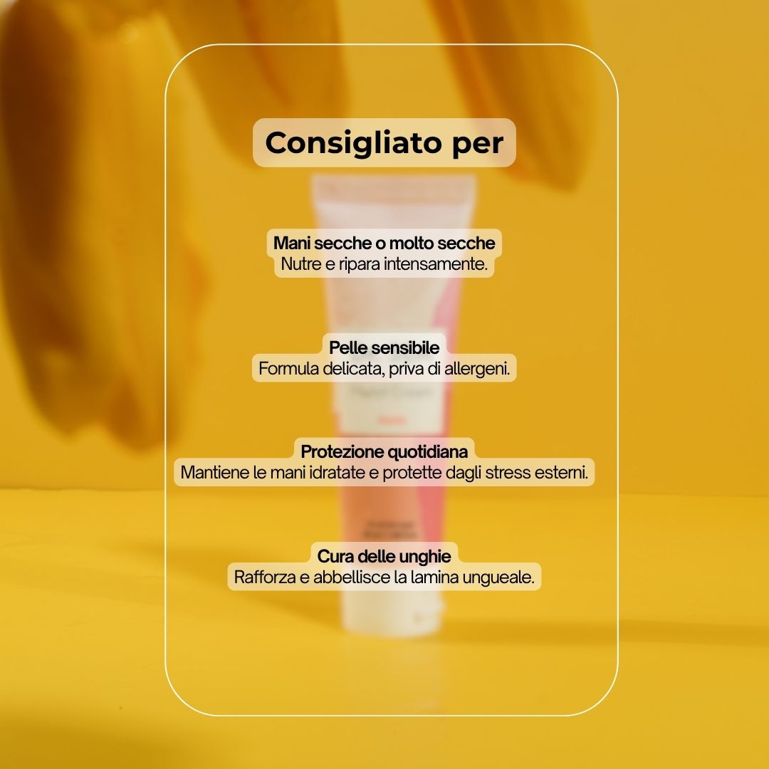 Tubo di crema mani rosa e bianco. Testo e illustrazioni. Consigliato per mani secche, pelle sensibile, ecc.
