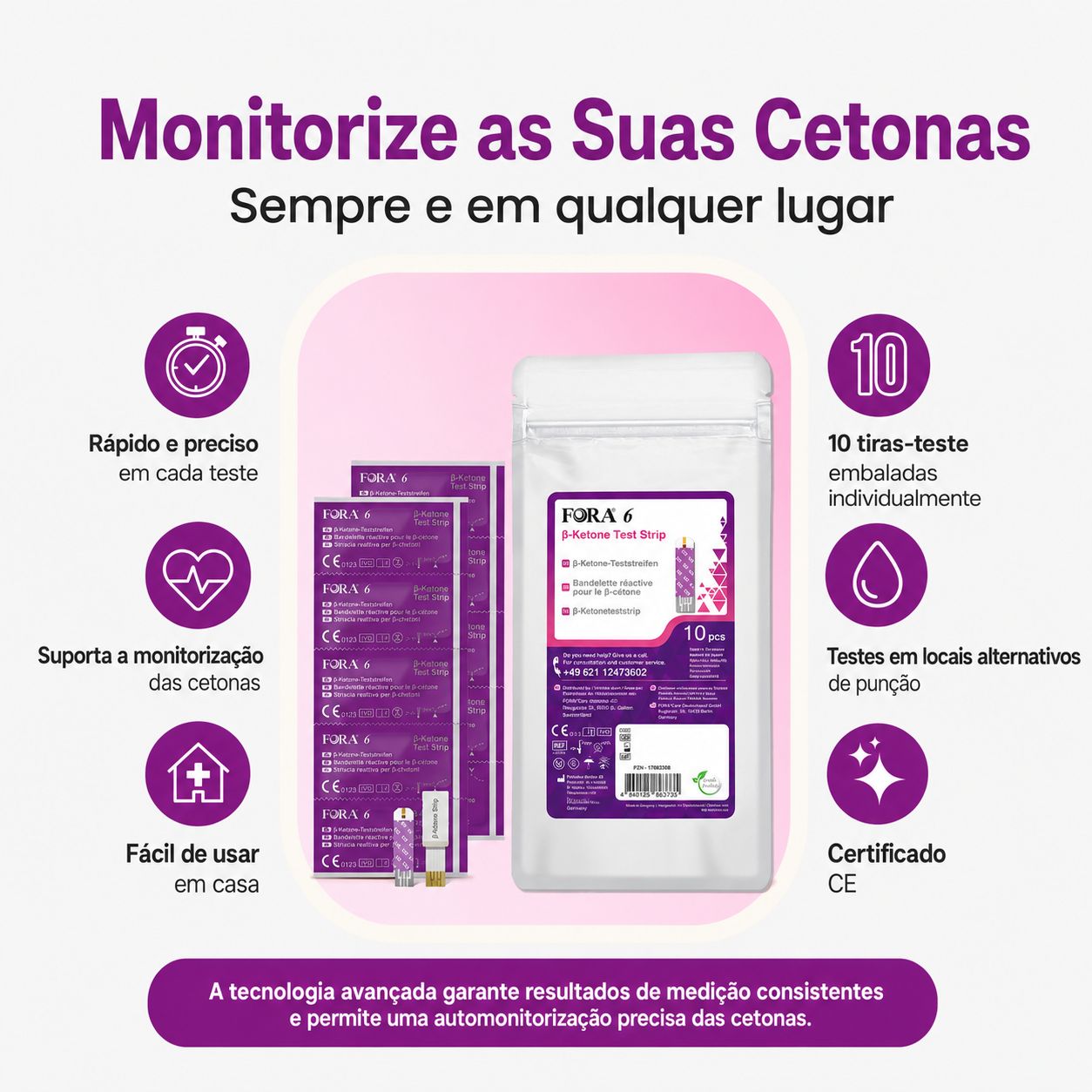 Strisce reattive β-Chetoni FORA 6: 10 strisce confezionate singolarmente. Certificato CE.