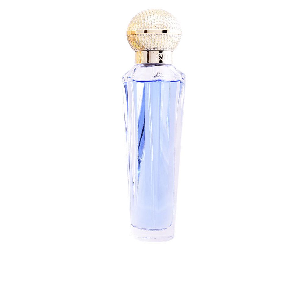 Flacone spray Eau de Toilette blu. Tappo dorato. Flacone trasparente.