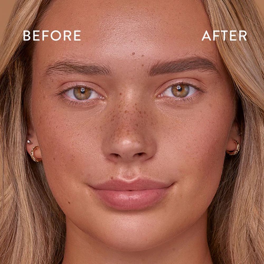 Volto di donna. A sinistra: sopracciglia prima dell'applicazione. A destra: sopracciglia dopo l'applicazione. Differenza evidente.