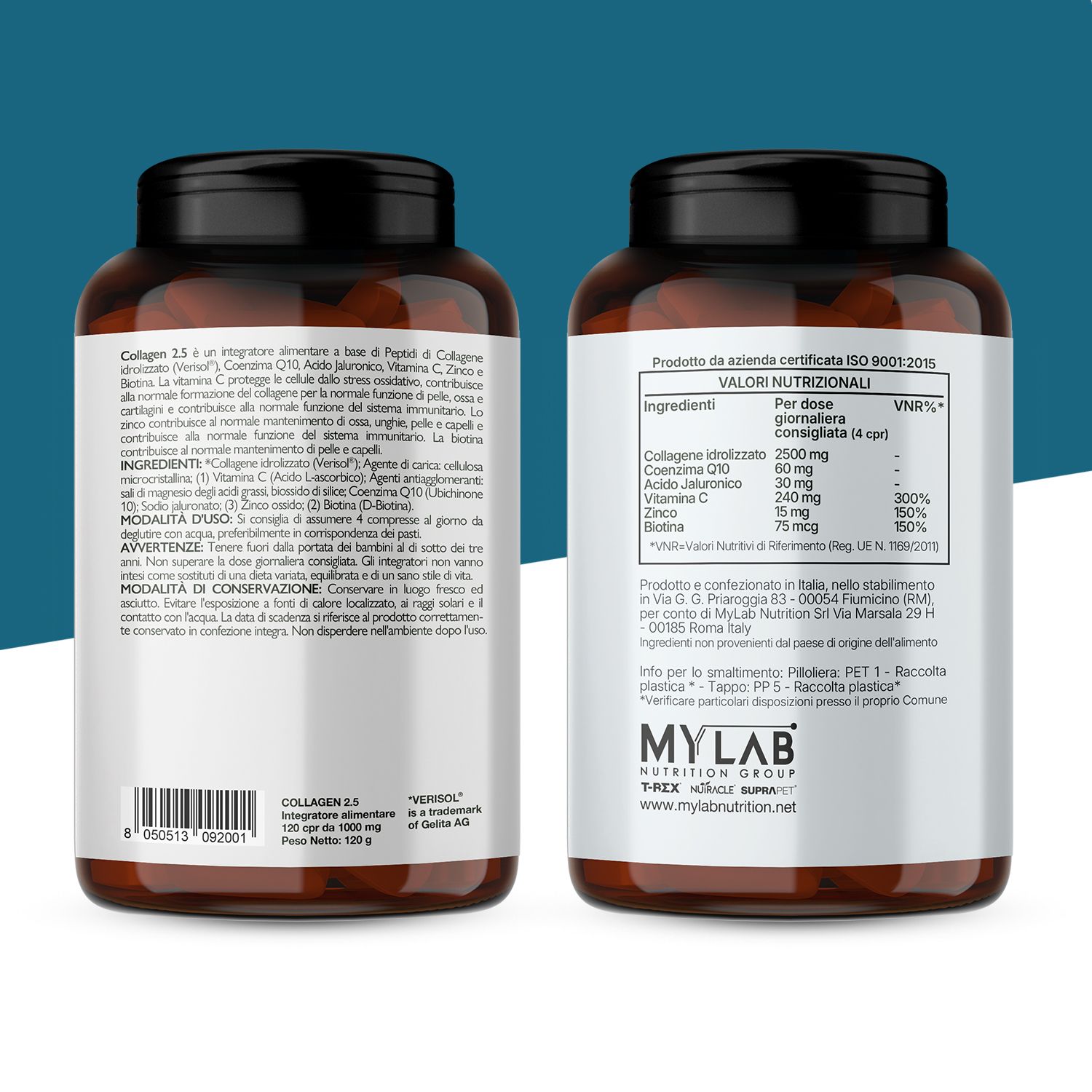 Fronte e retro di un barattolo Nutracle Collagene 2.5. Contiene informazioni nutrizionali e certificazioni.