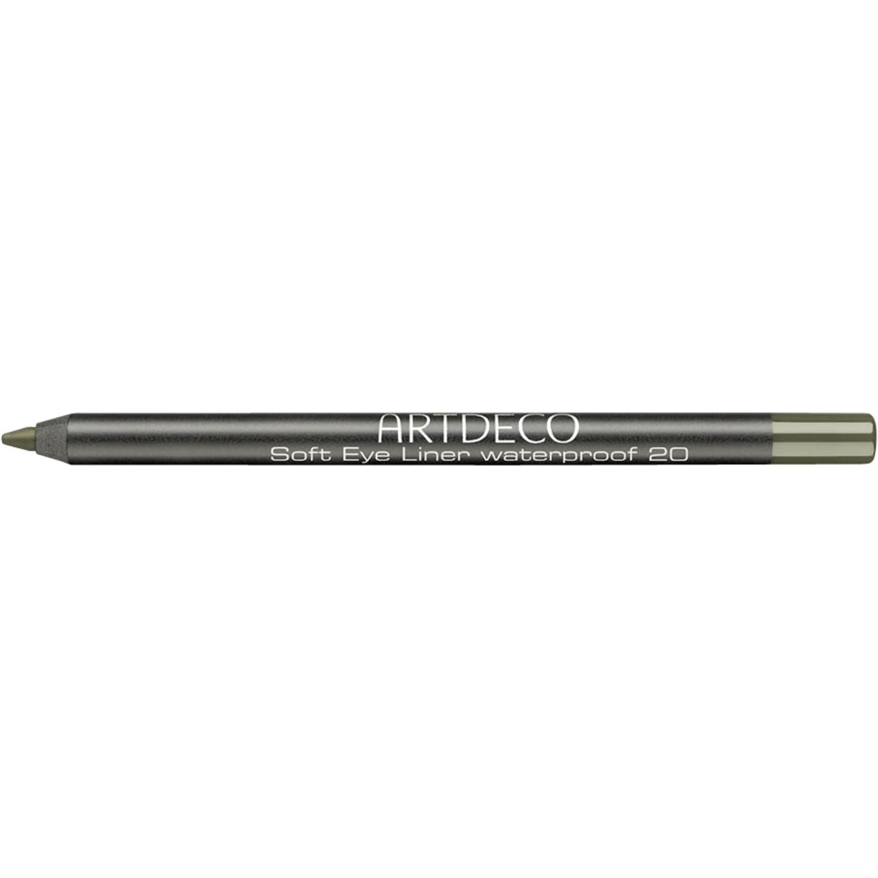 Matita occhi Artdeco Soft Eye Liner Waterproof verde oliva. Scritta argento: Soft Eye Liner Waterproof 20. Vista orizzontale.
