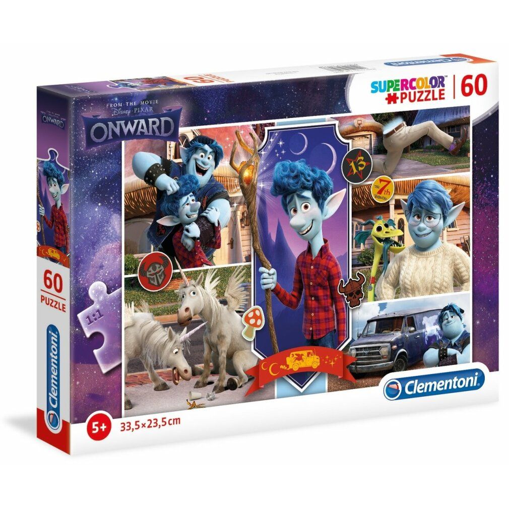 Scatola puzzle Disney Onward. 60 pezzi. Logo Clementoni. 5+. Dimensioni: 33,5 x 23,5 cm.