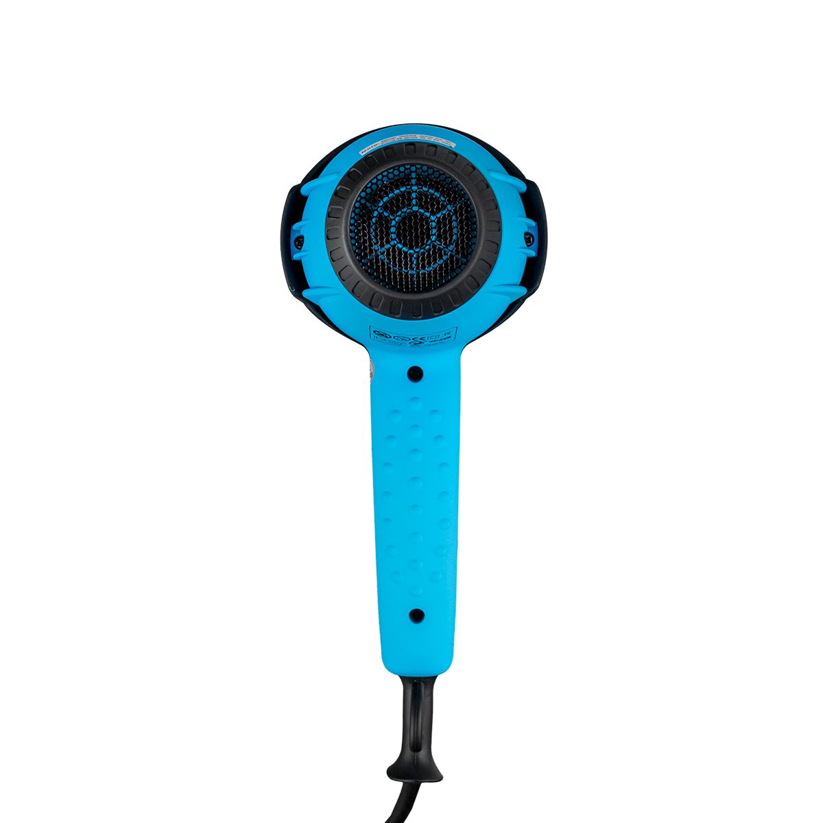 Asciugacapelli blu, vista posteriore. Griglia nera. Cavo nero.