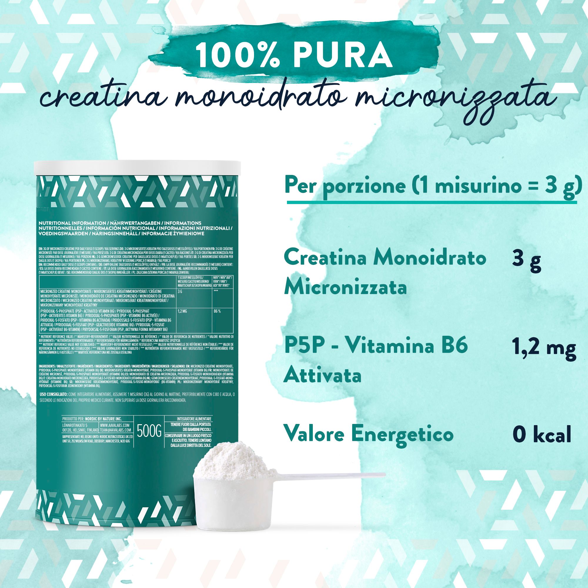 Informazioni sul prodotto. Barattolo di creatina monoidrato. Contiene informazioni nutrizionali. Con misurino.