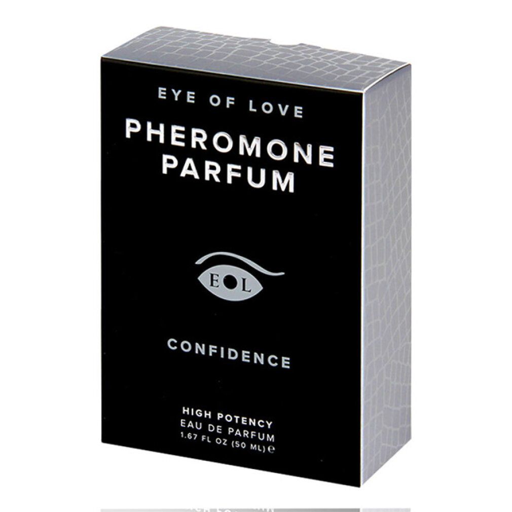 Scatola nera con struttura argentata. Scritta: EYE OF LOVE, Pheromone Parfum, logo EOL, CONFIDENCE, High Potency.
