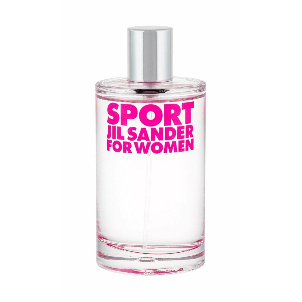 Flacone in vetro trasparente con tappo argentato. Scritta rosa: SPORT JIL SANDER FOR WOMEN. Liquido visibile.