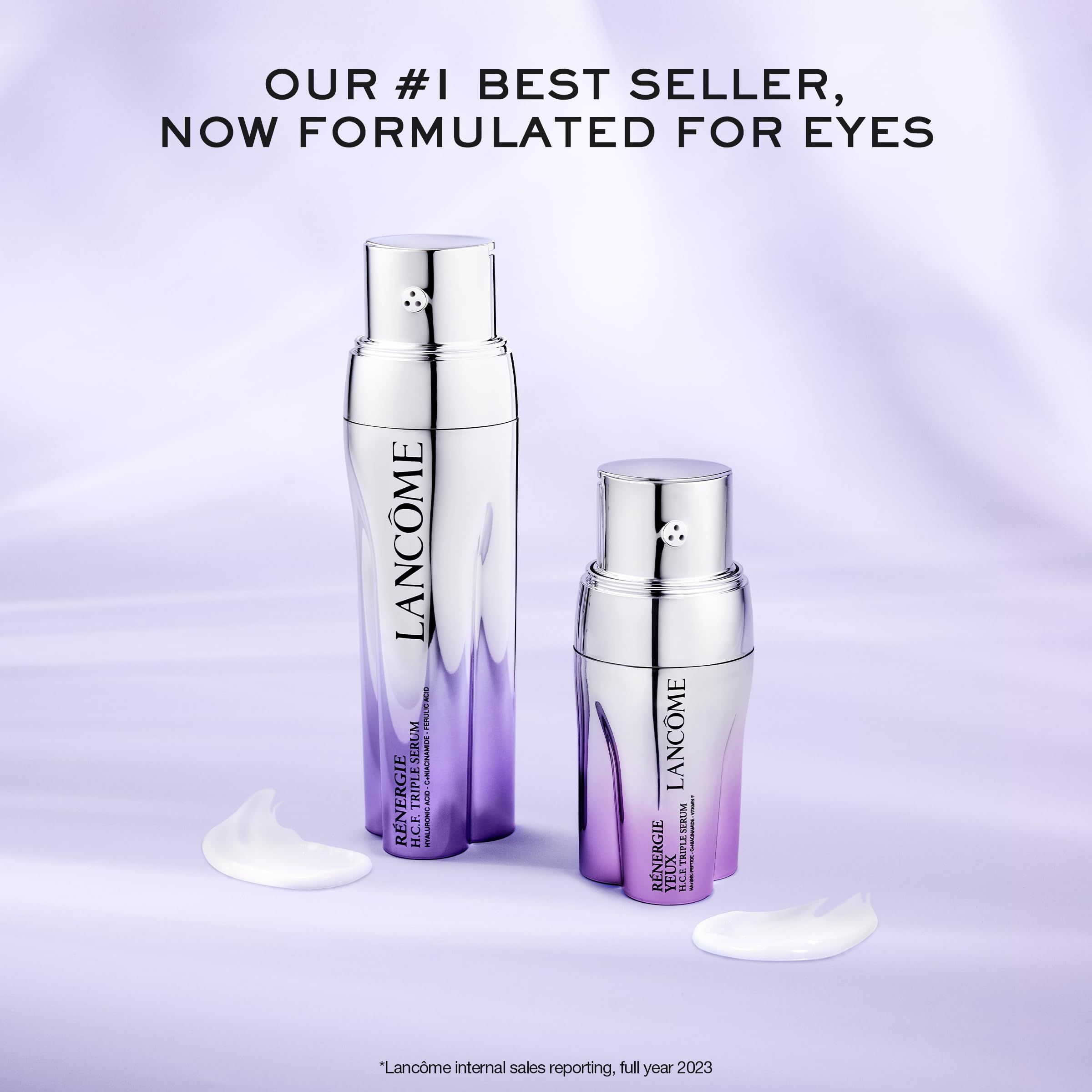 Due flaconi di siero con prodotto. Scritta: Rénergie Yeux H.C.F. Triple Serum. Prodotto su sfondo.